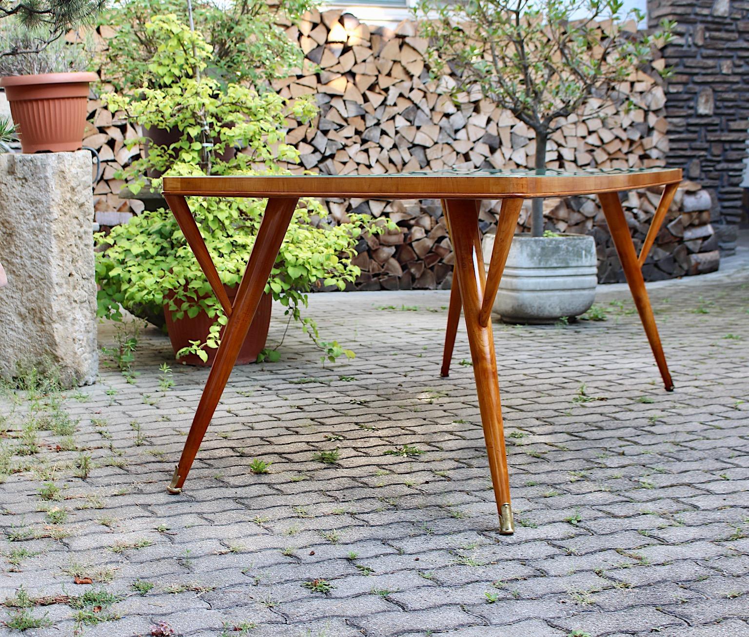 Mid Century Modern Vintage Green Teal Cherry Brass Dining Table Italy 1940s For Sale 4