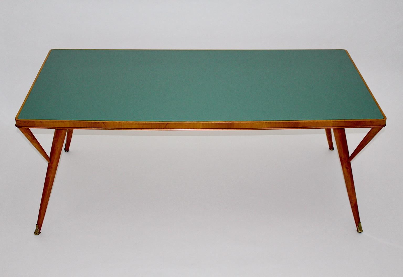 Mid Century Modern Vintage Green Teal Cherry Brass Dining Table Italy 1940s For Sale 10