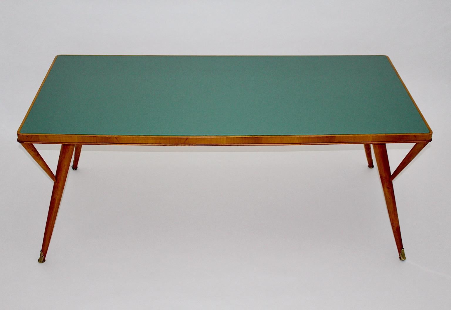 Mid Century Modern Vintage Grün Teal Kirschbaum Messing Esstisch Italien 1940er Jahre im Angebot 12