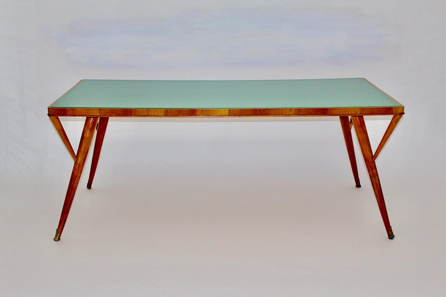 Mid Century Modern Vintage Green Teal Cherry Brass Dining Table Italy 1940s For Sale 11