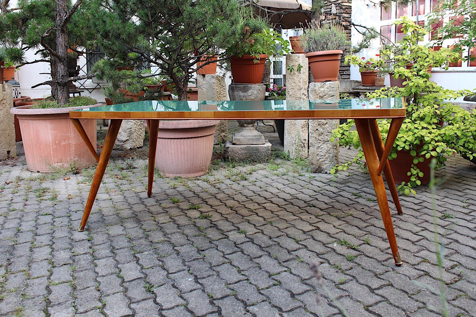 Italian Mid Century Modern Vintage Green Teal Cherry Brass Dining Table Italy 1940s For Sale