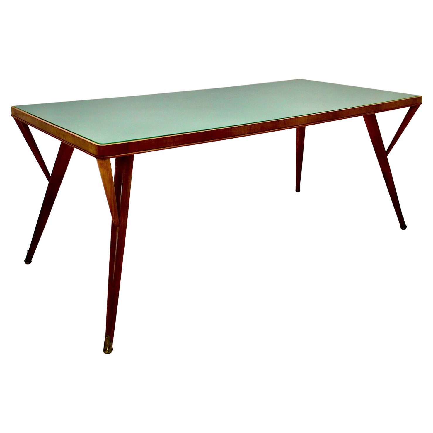 Table de salle à manger moderne du milieu du siècle dernier en laiton vert sarcelle et cerisier, Italie, années 1940
