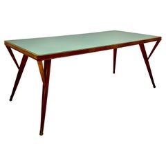 Mid Century Modern Vintage Grün Teal Kirschbaum Messing Esstisch Italien 1940er Jahre