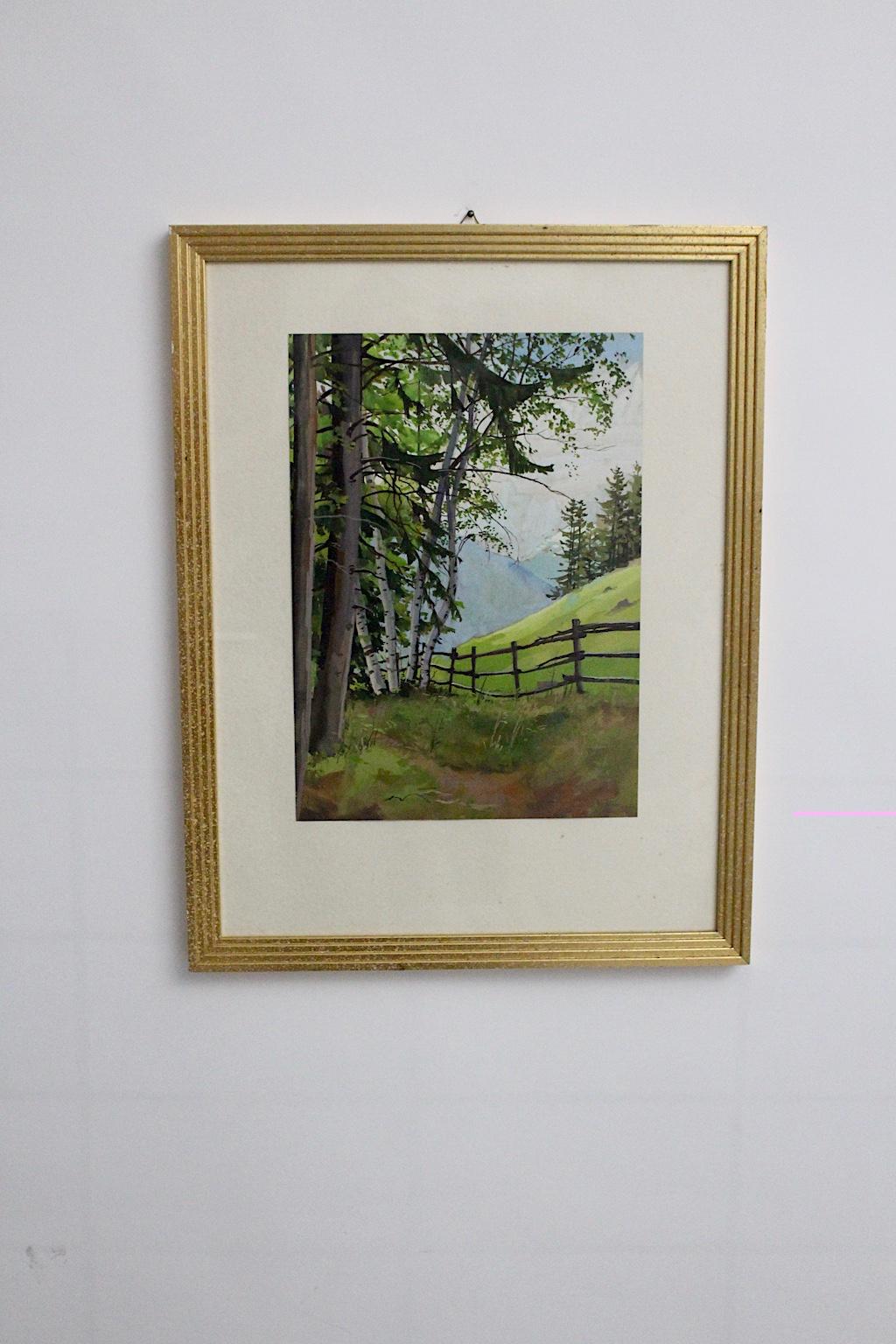 Austrian Mid-Century Modern Green Watercolor Painting Semmering by Max Dättl 1961 Vienna For Sale