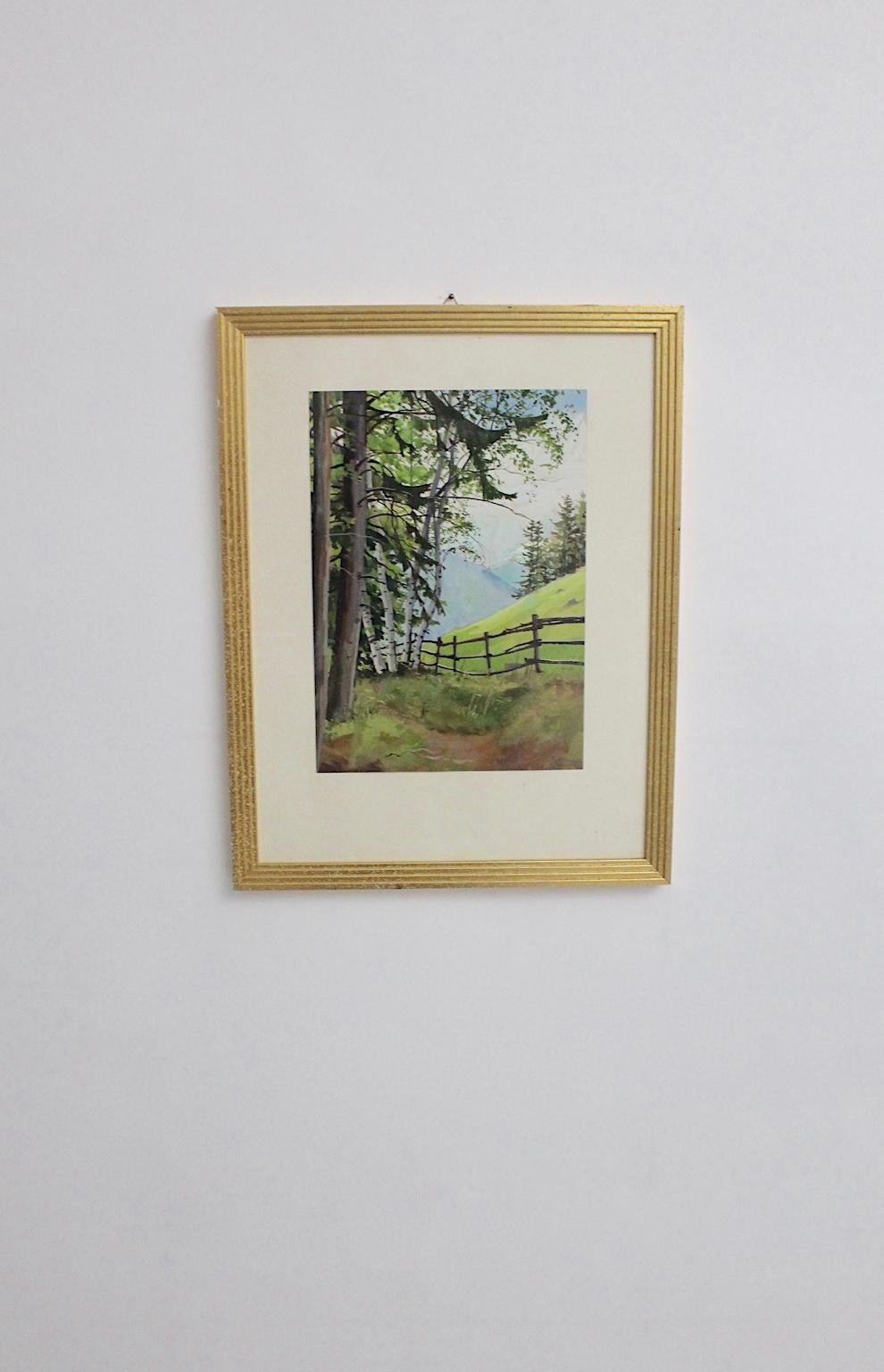 Mid-20th Century Mid-Century Modern Green Watercolor Painting Semmering by Max Dättl 1961 Vienna For Sale