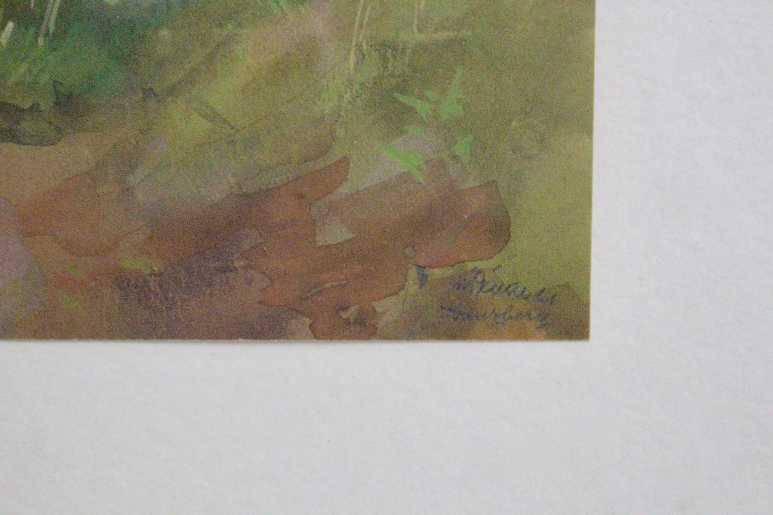 Mid-Century Modern Green Watercolor Painting Semmering by Max Dättl 1961 Vienna For Sale 2