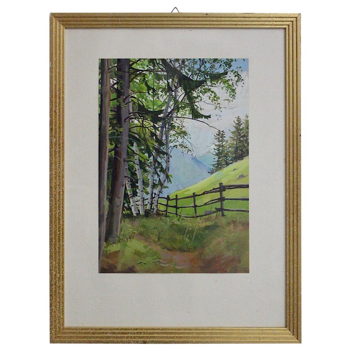 Mid-Century Modern Green Watercolor Painting Semmering by Max Dättl 1961 Vienna For Sale