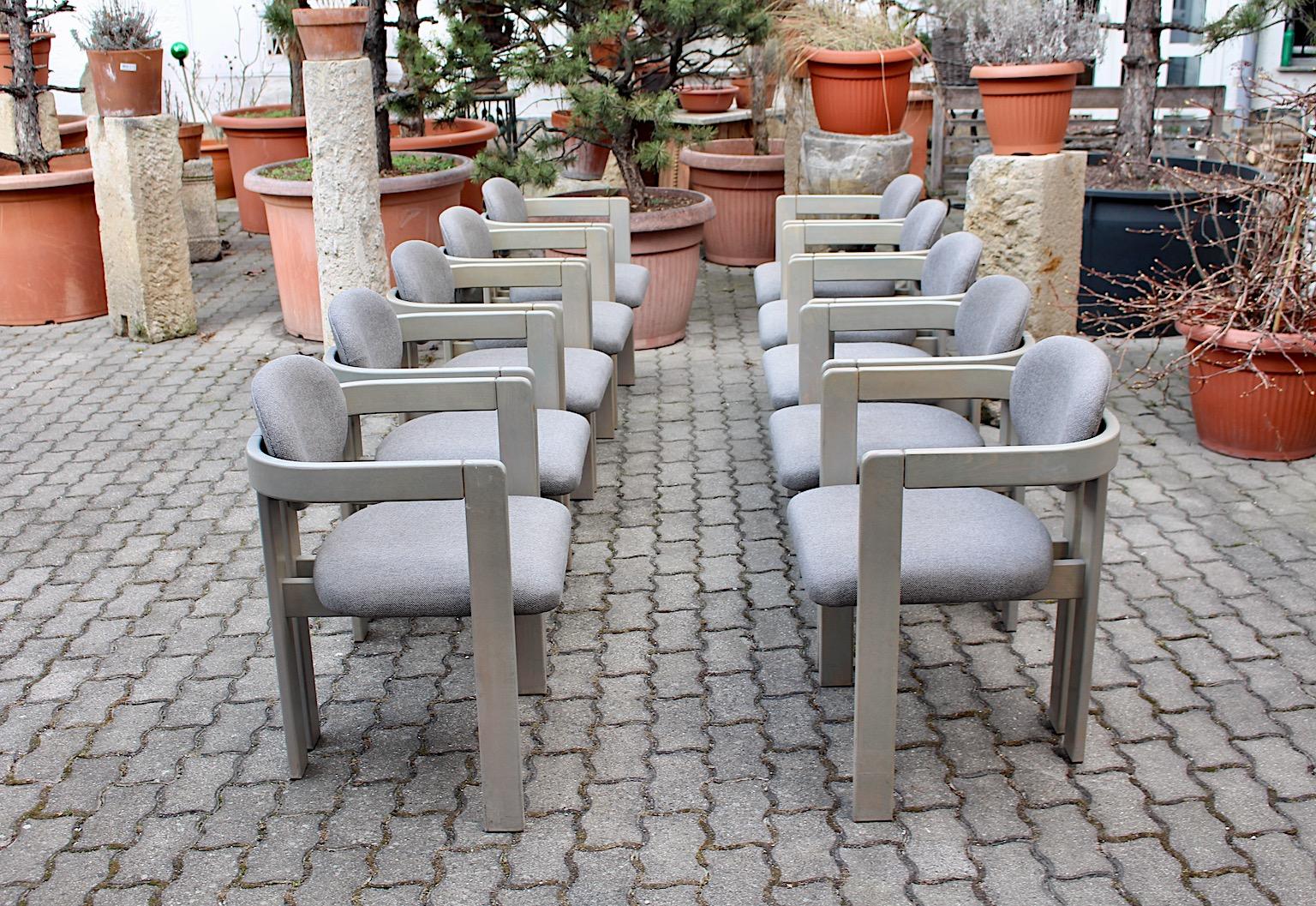 Italian Mid-Century Modern Vintage Grey Ten Beech Dining Chairs or Armchairs 1970s Italy