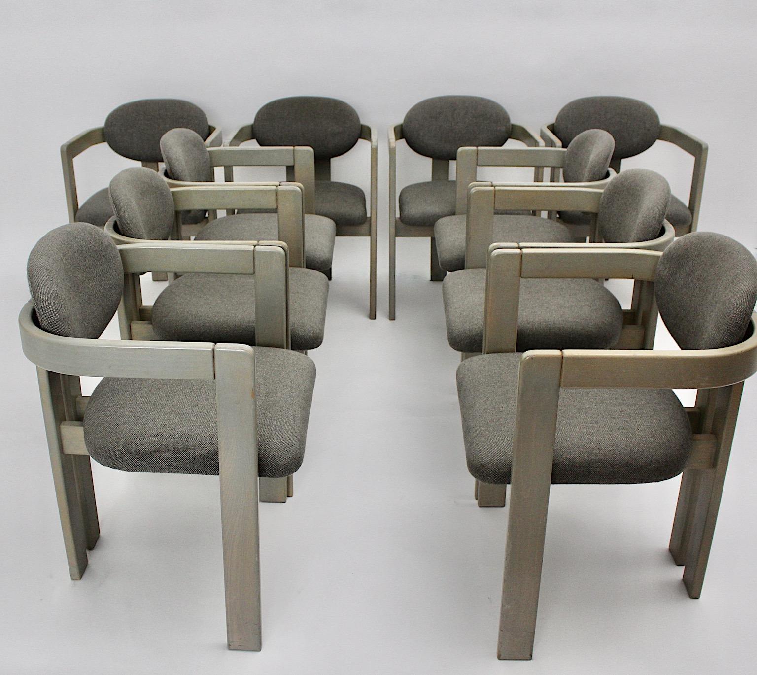 Mid-Century Modern Vintage Grey Ten Beech Dining Chairs or Armchairs 1970s Italy In Fair Condition In Vienna, AT