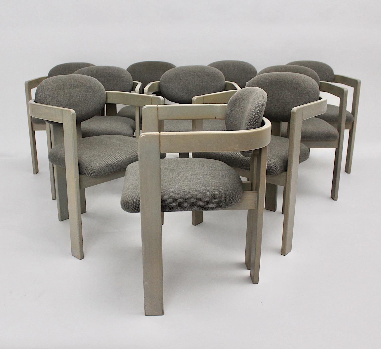 20th Century Mid-Century Modern Vintage Grey Ten Beech Dining Chairs or Armchairs 1970s Italy