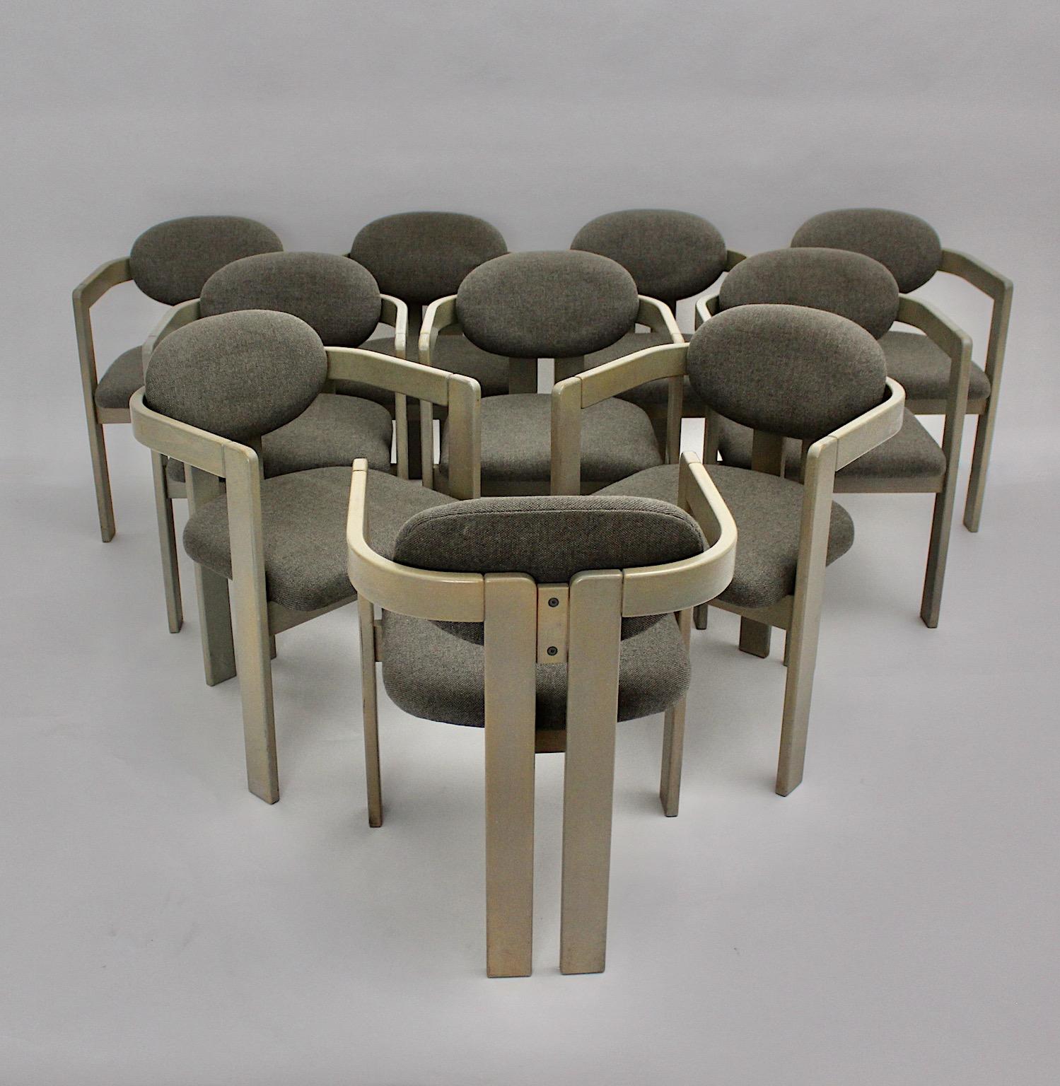 Fabric Mid-Century Modern Vintage Grey Ten Beech Dining Chairs or Armchairs 1970s Italy