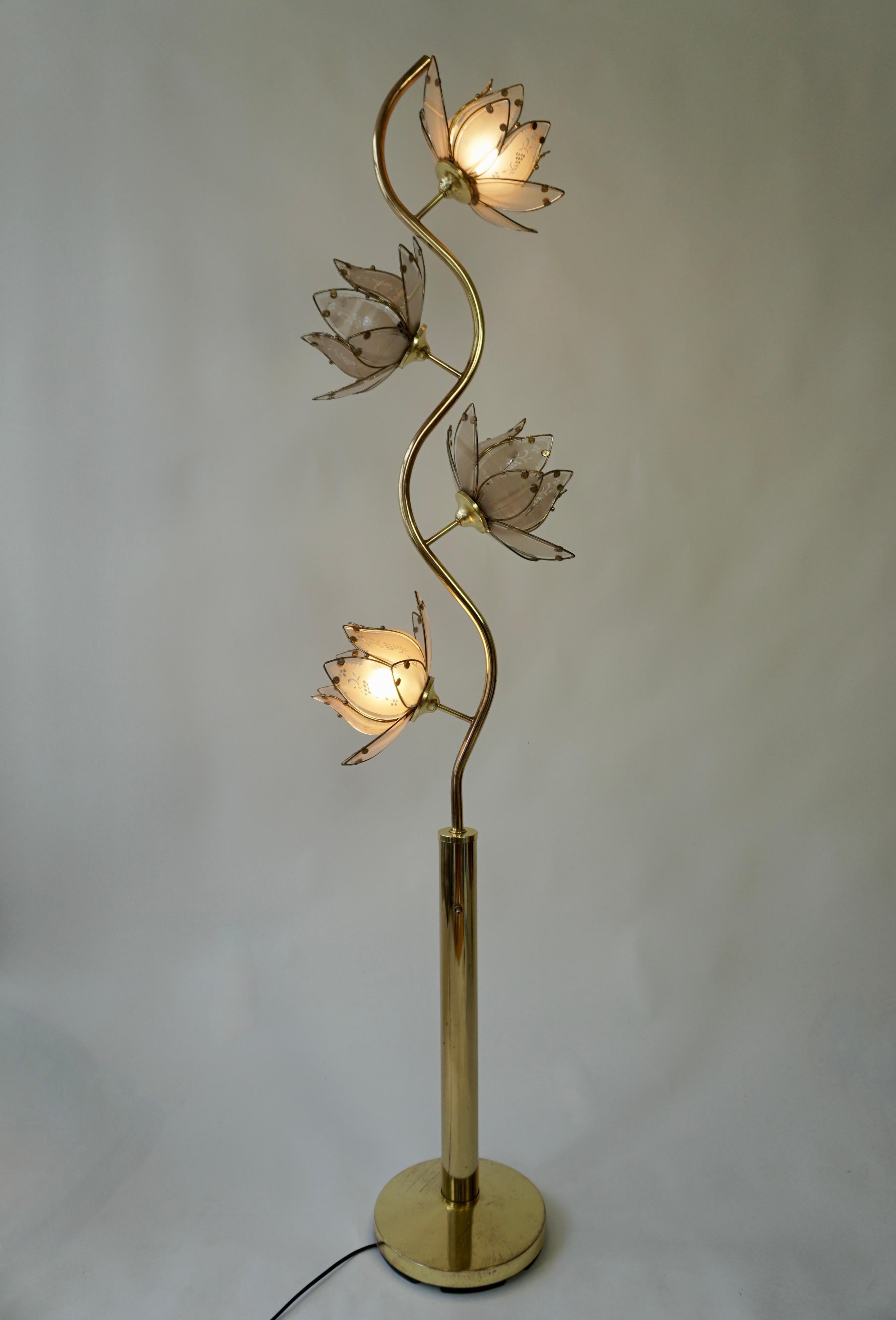 20th Century Mid Century Modern Vintage Hollywood Regency White Glass Lotus Flower Floor Lamp For Sale