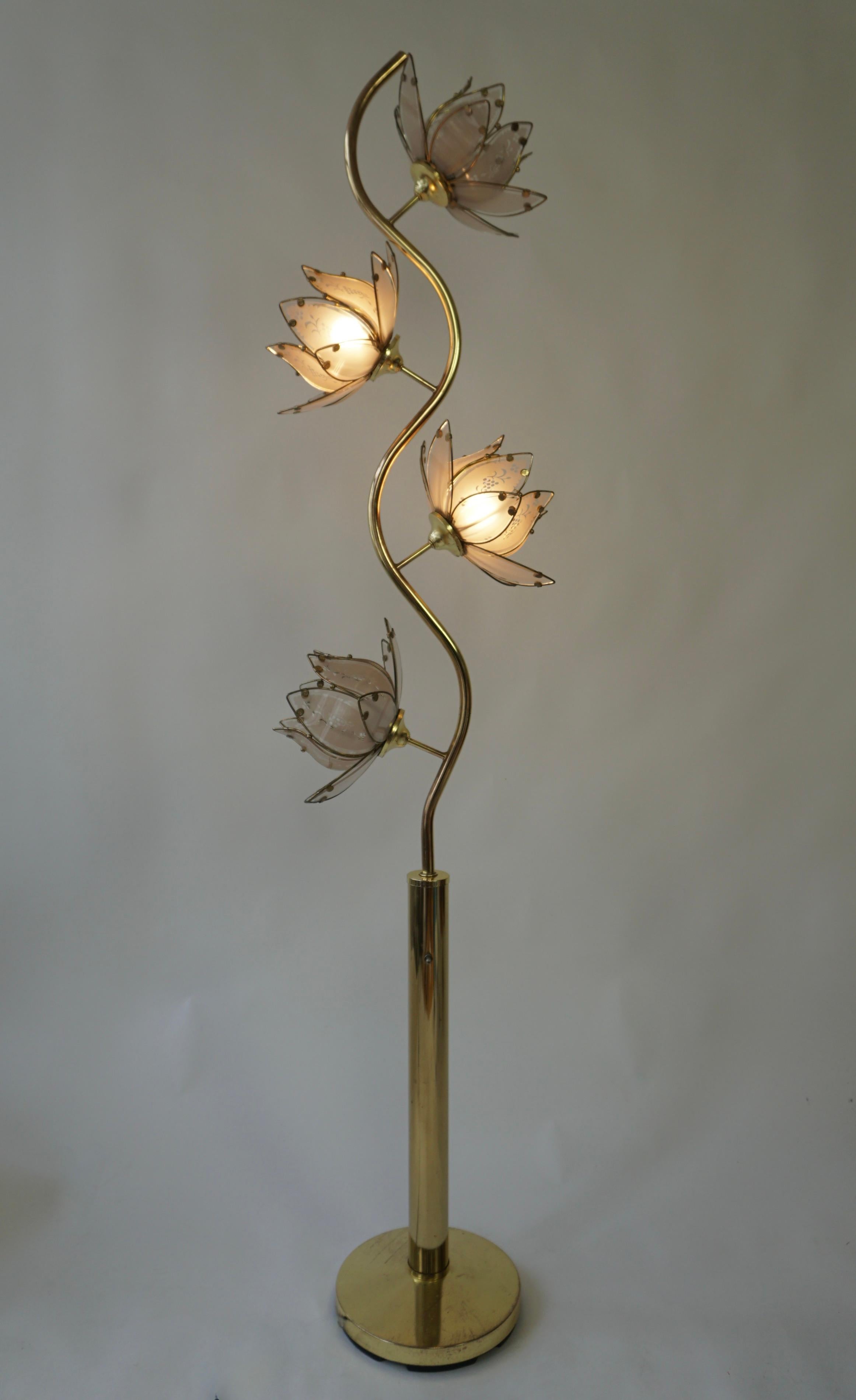 Brass Mid Century Modern Vintage Hollywood Regency White Glass Lotus Flower Floor Lamp For Sale