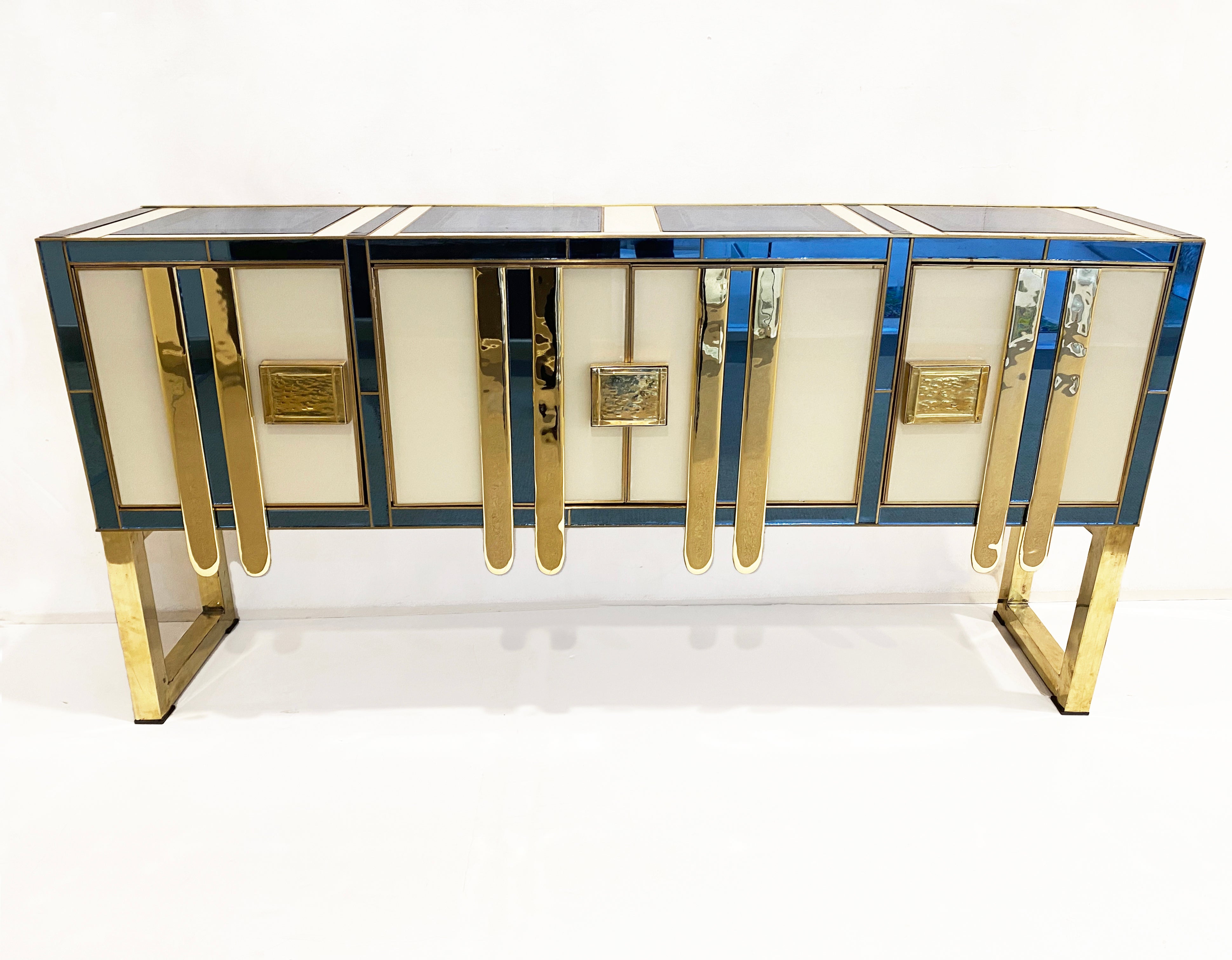 Mid-Century Modern Vintage Italian Aqua Blue Cream Gold Brass Modern Sideboard 6