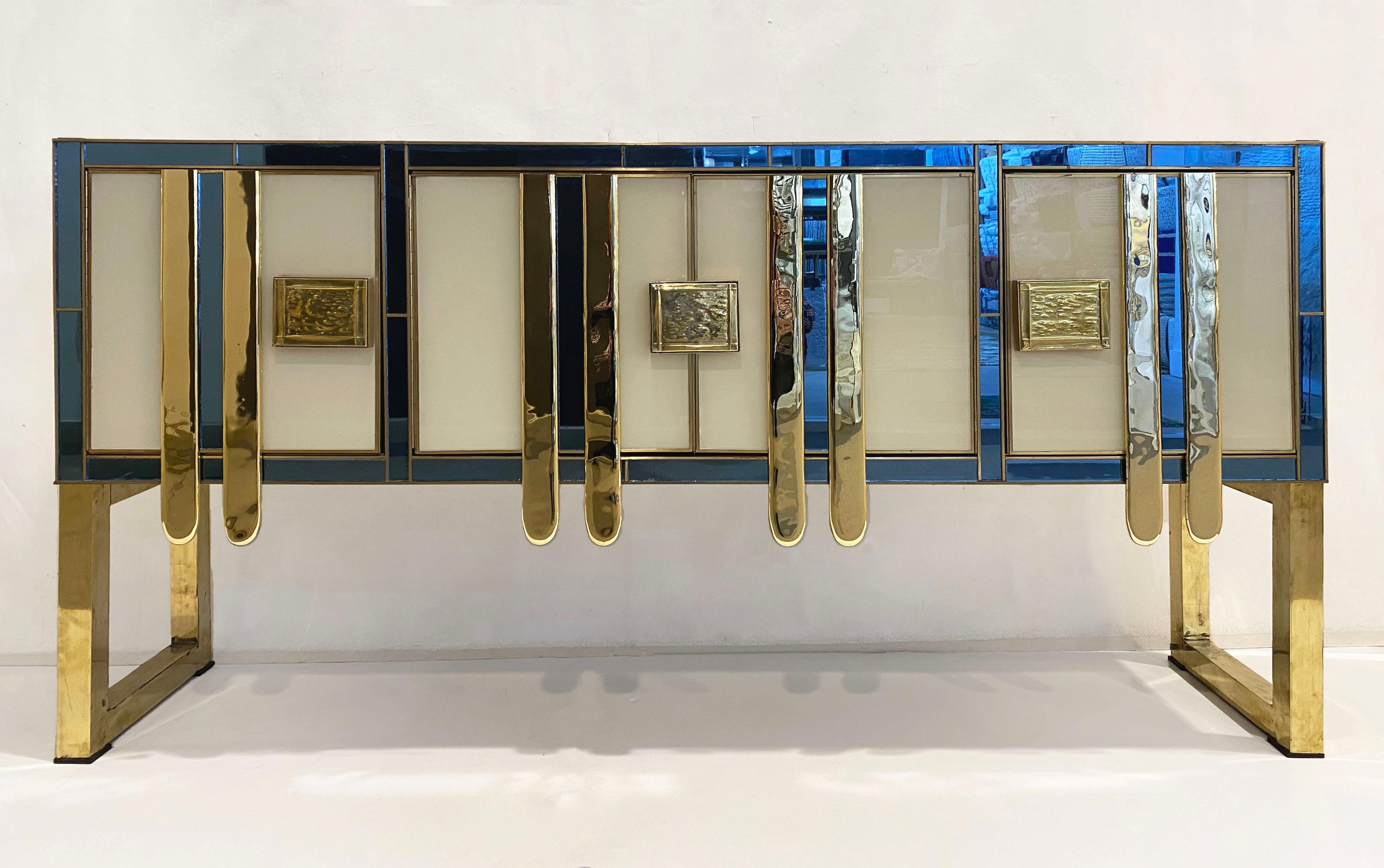 Mid-Century Modern Vintage Italian Aqua Blue Cream Gold Brass Modern Sideboard 9