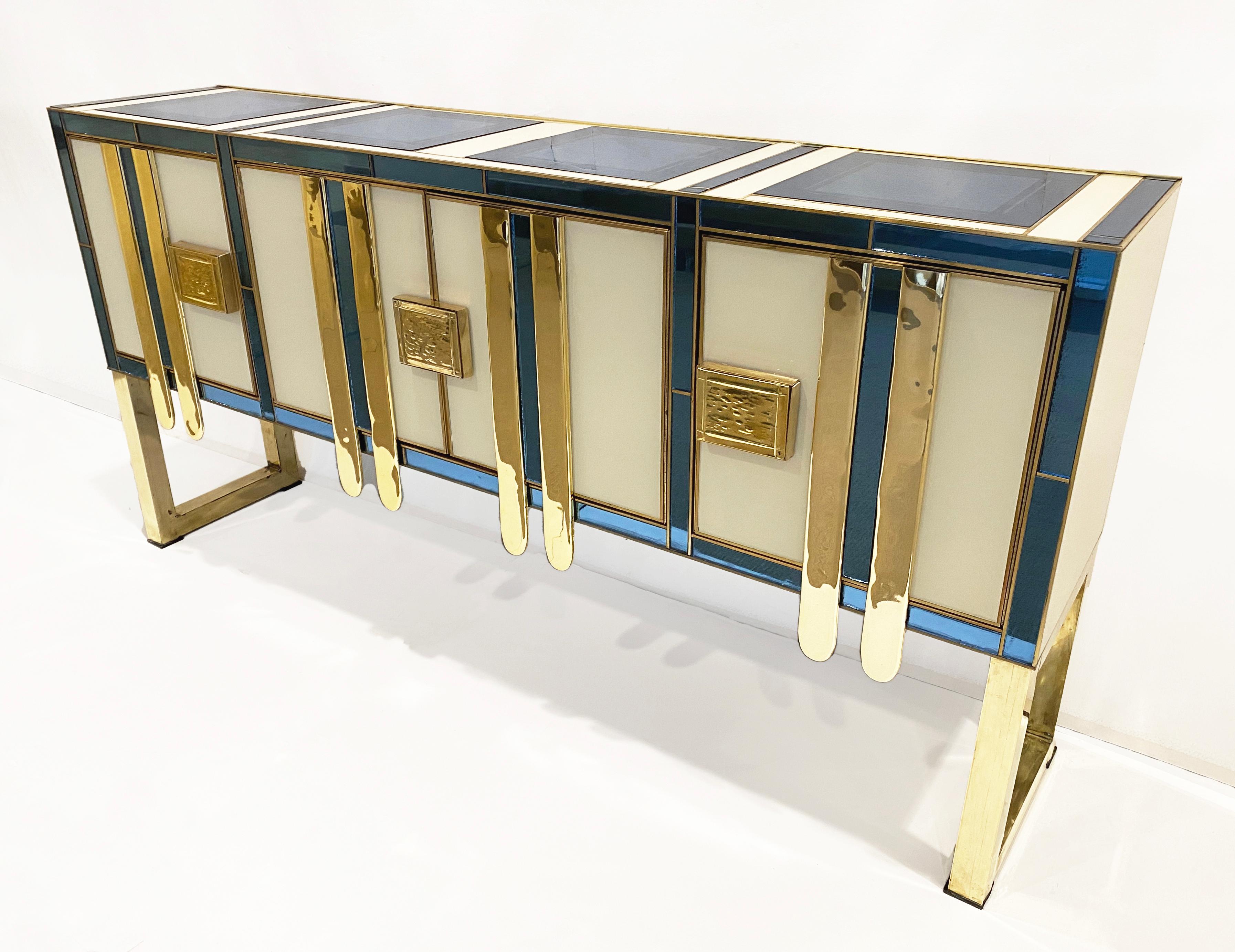 Mid-Century Modern Vintage Italian Aqua Blue Cream Gold Brass Modern Sideboard 11