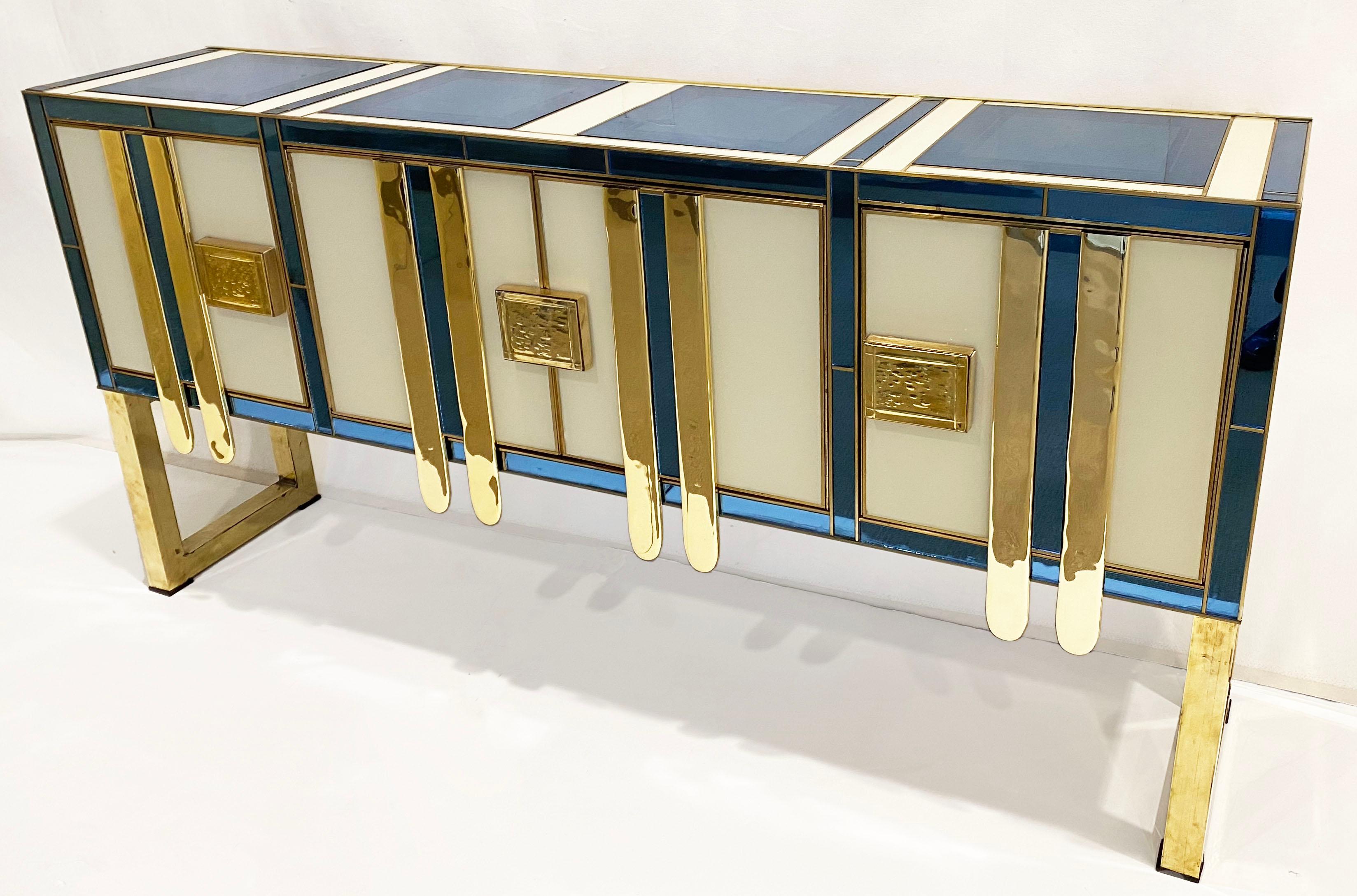 Mid-Century Modern Vintage Italian Aqua Blue Cream Gold Brass Modern Sideboard 1