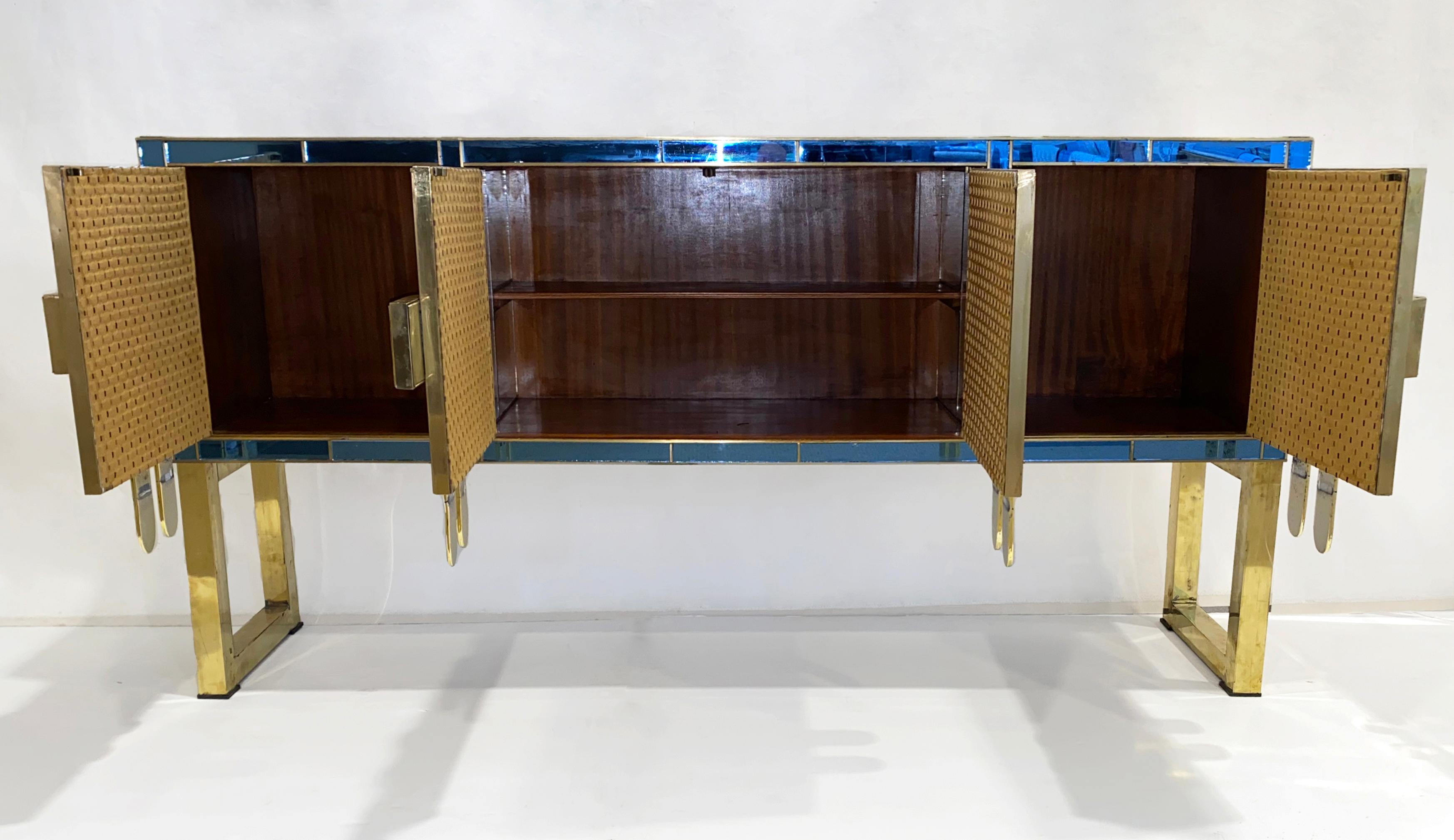 Mid-Century Modern Vintage Italian Aqua Blue Cream Gold Brass Modern Sideboard 2