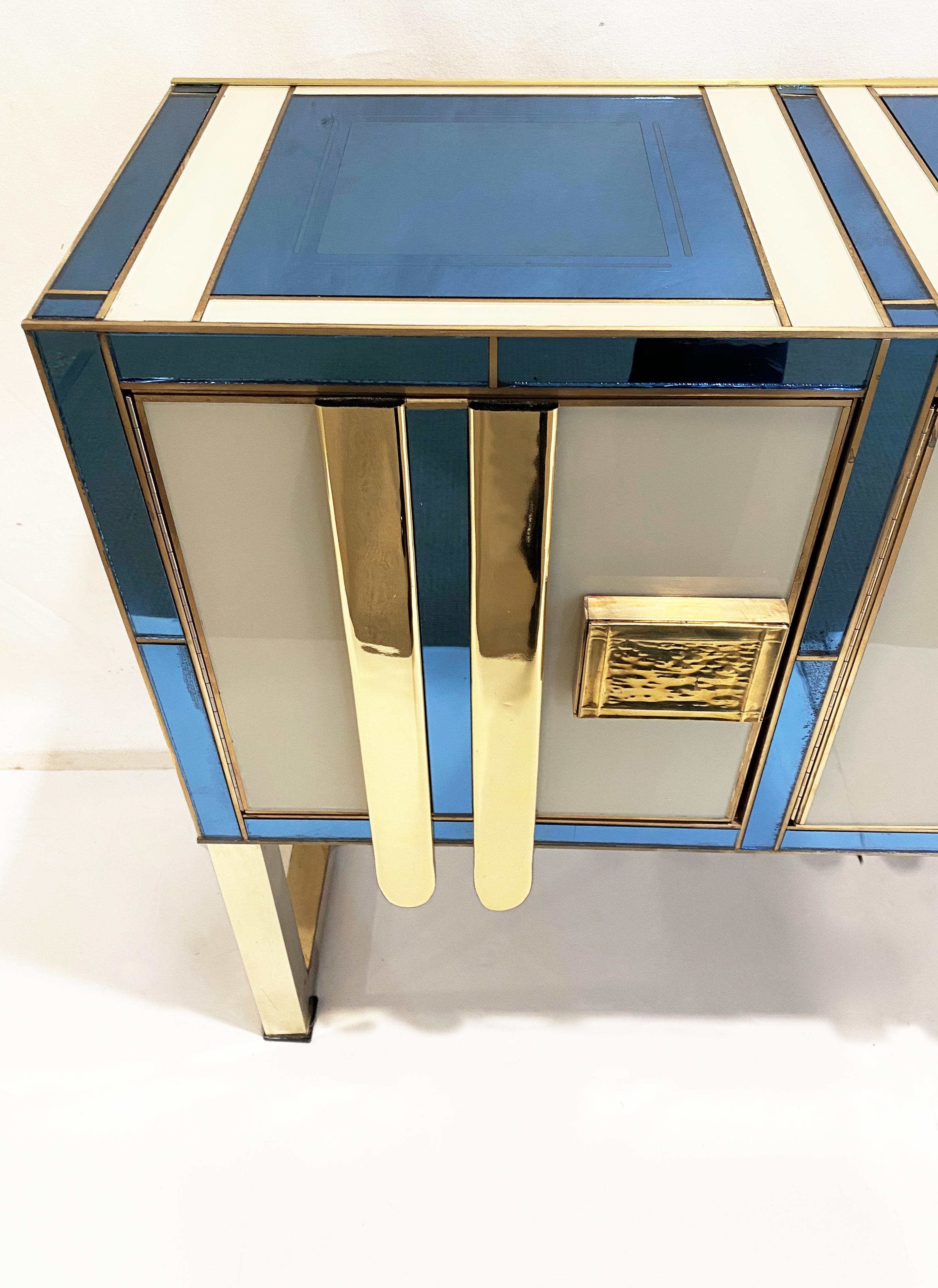 Mid-Century Modern Vintage Italian Aqua Blue Cream Gold Brass Modern Sideboard 3