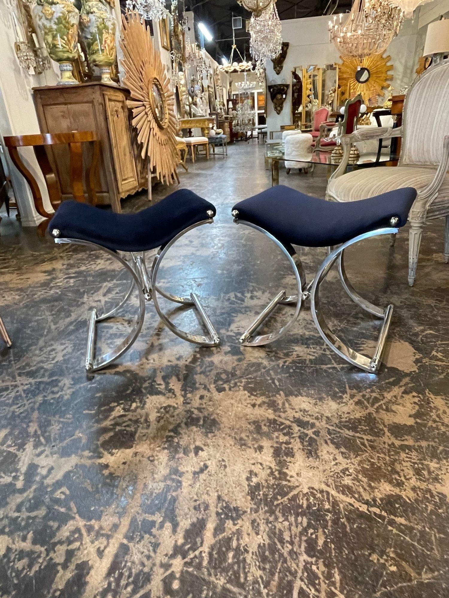 Very fine vintage Italian Mid-Century Modern Italian heavy chrome plated and velvet benches. These benches are upholstered in beautiful blue velvet fabric. Exceptional quality and great for a modern look!