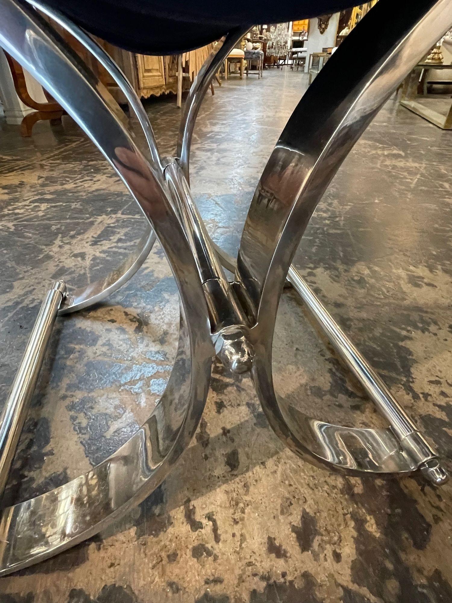 Mid-Century Modern Vintage Italian Heavy Chrome Plated and Velvet Benches For Sale 1
