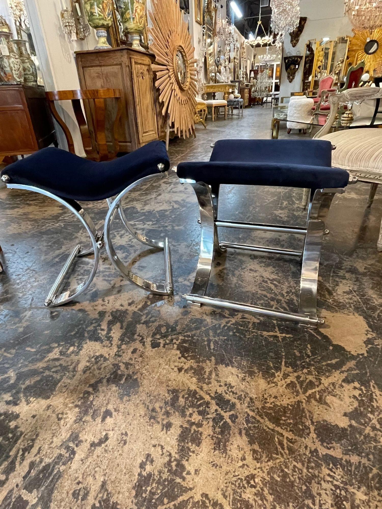 Mid-Century Modern Vintage Italian Heavy Chrome Plated and Velvet Benches For Sale 3