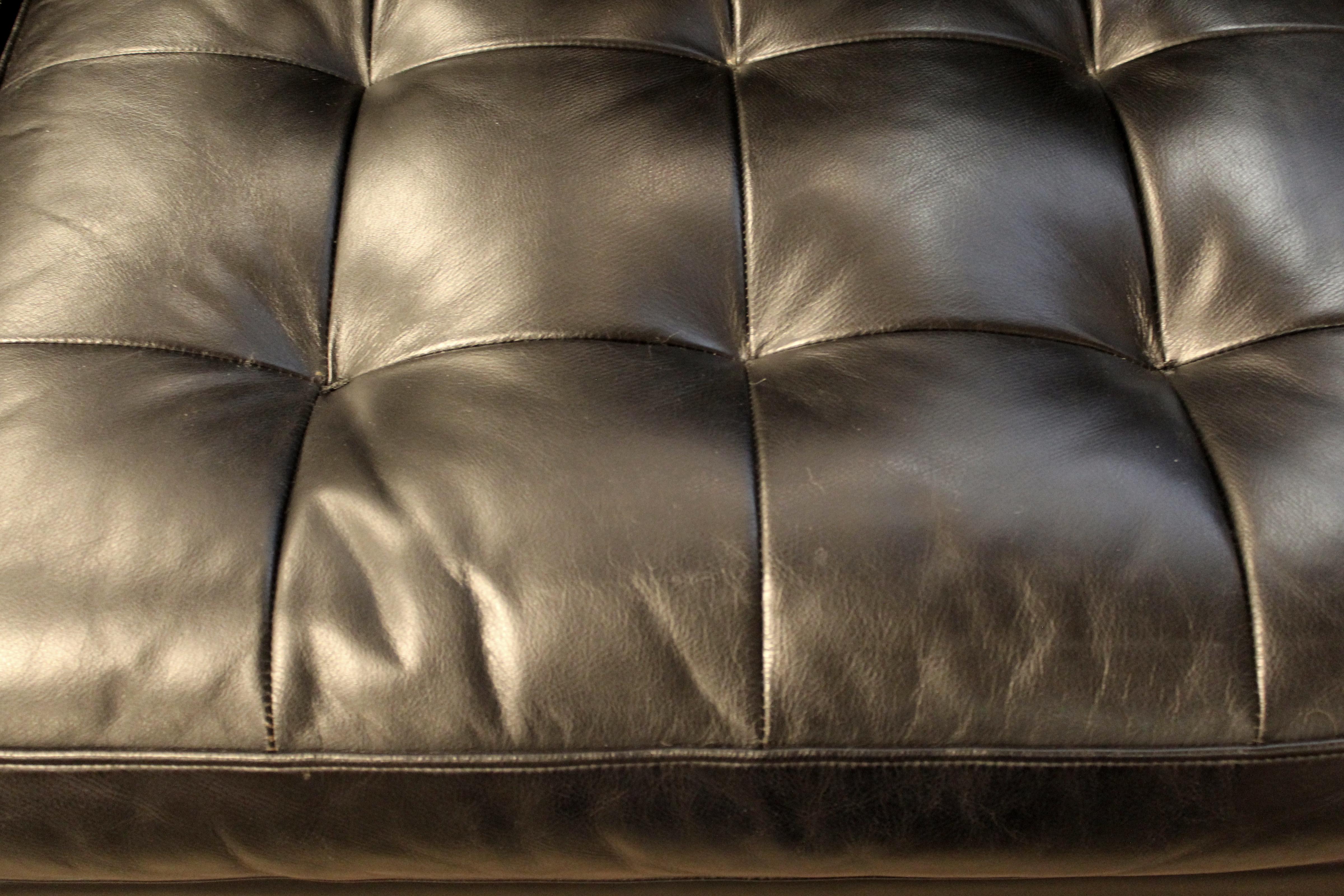 Mid Century Modern Vintage Knoll Chrome Sofa & Armchair Black Tufted Leather 4