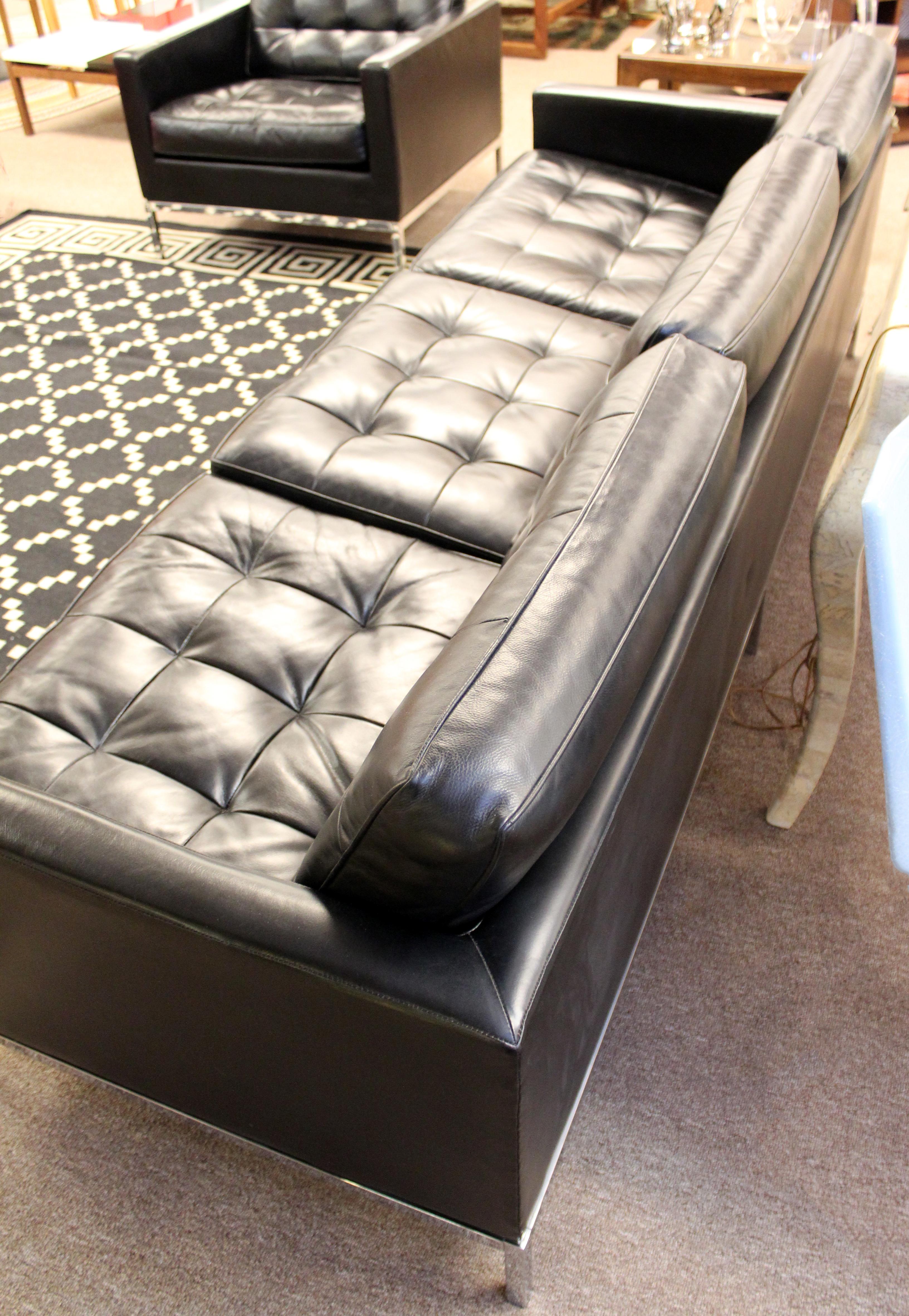 Mid Century Modern Vintage Knoll Chrome Sofa & Armchair Black Tufted Leather 5