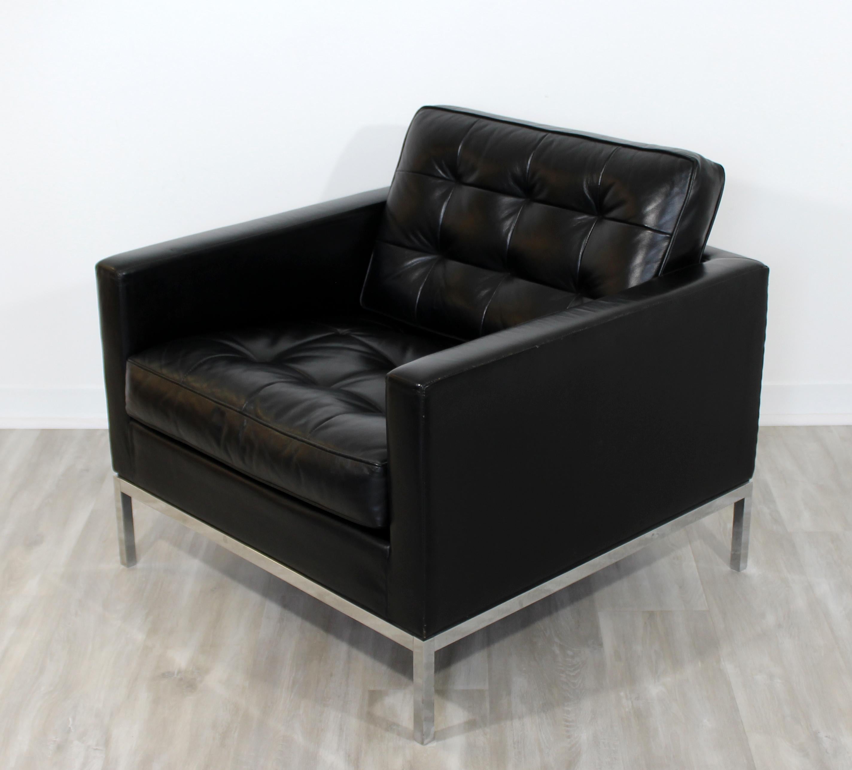 Mid-Century Modern Mid Century Modern Vintage Knoll Chrome Sofa & Armchair Black Tufted Leather