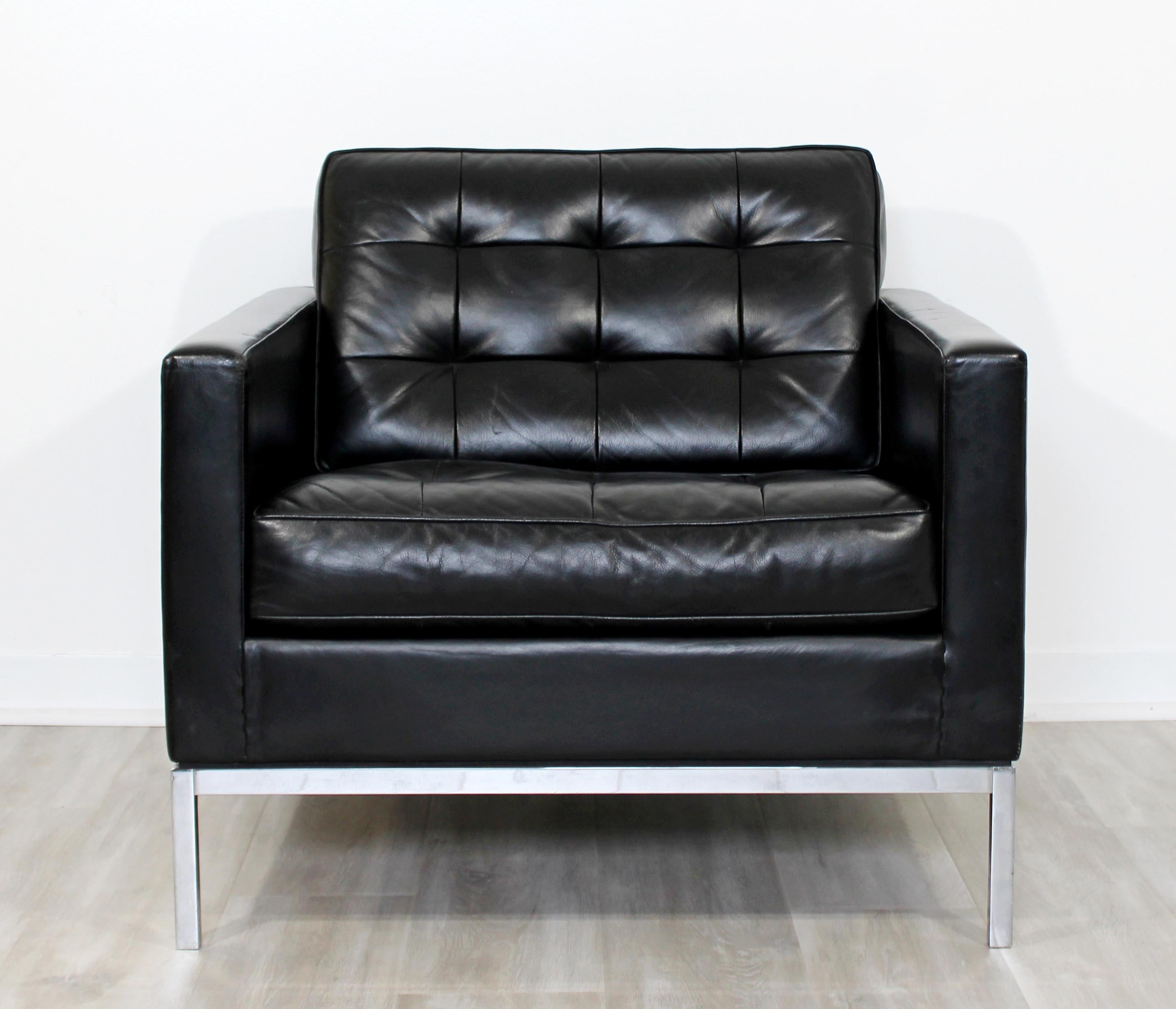 American Mid Century Modern Vintage Knoll Chrome Sofa & Armchair Black Tufted Leather