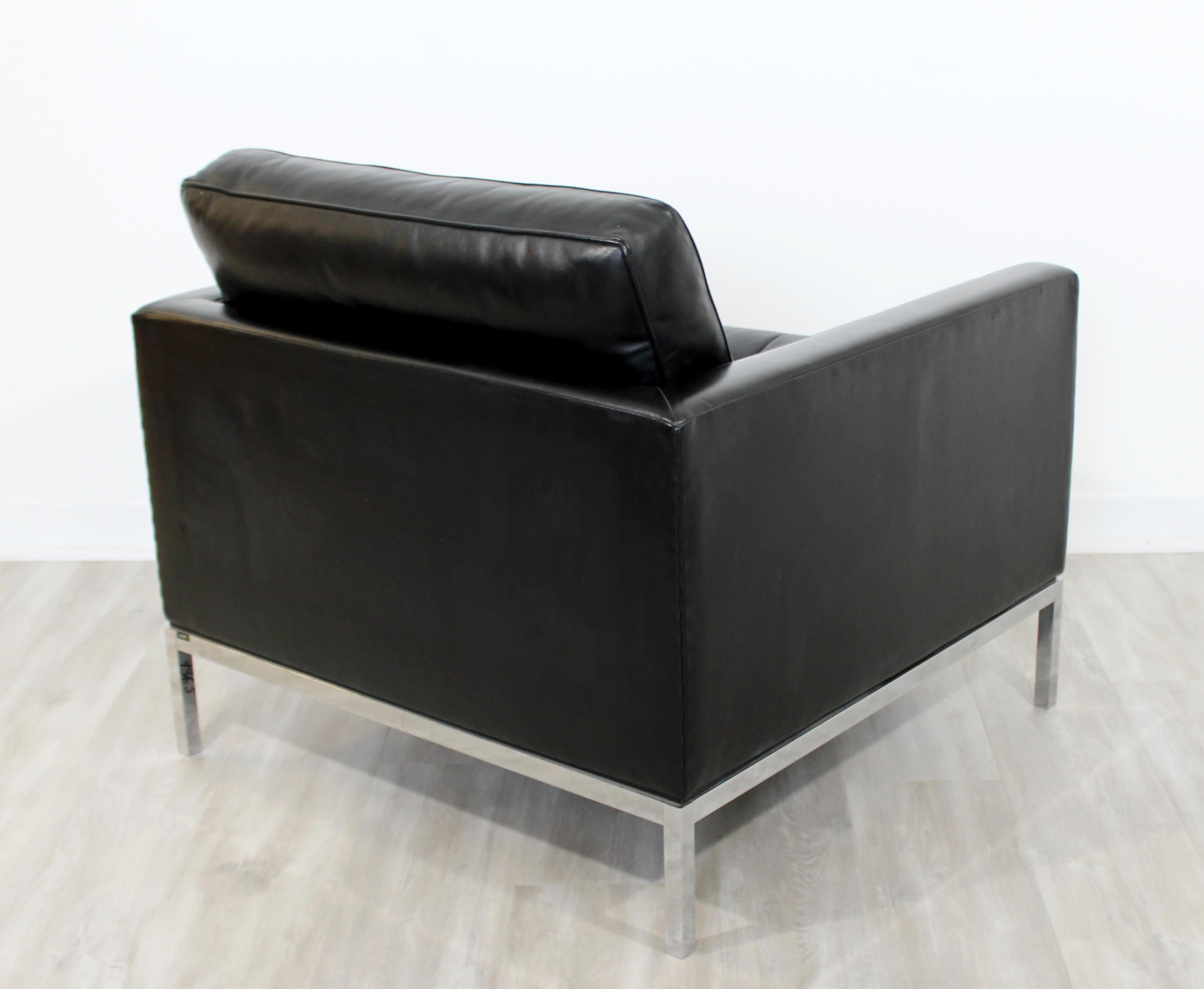 Mid Century Modern Vintage Knoll Chrome Sofa & Armchair Black Tufted Leather 1