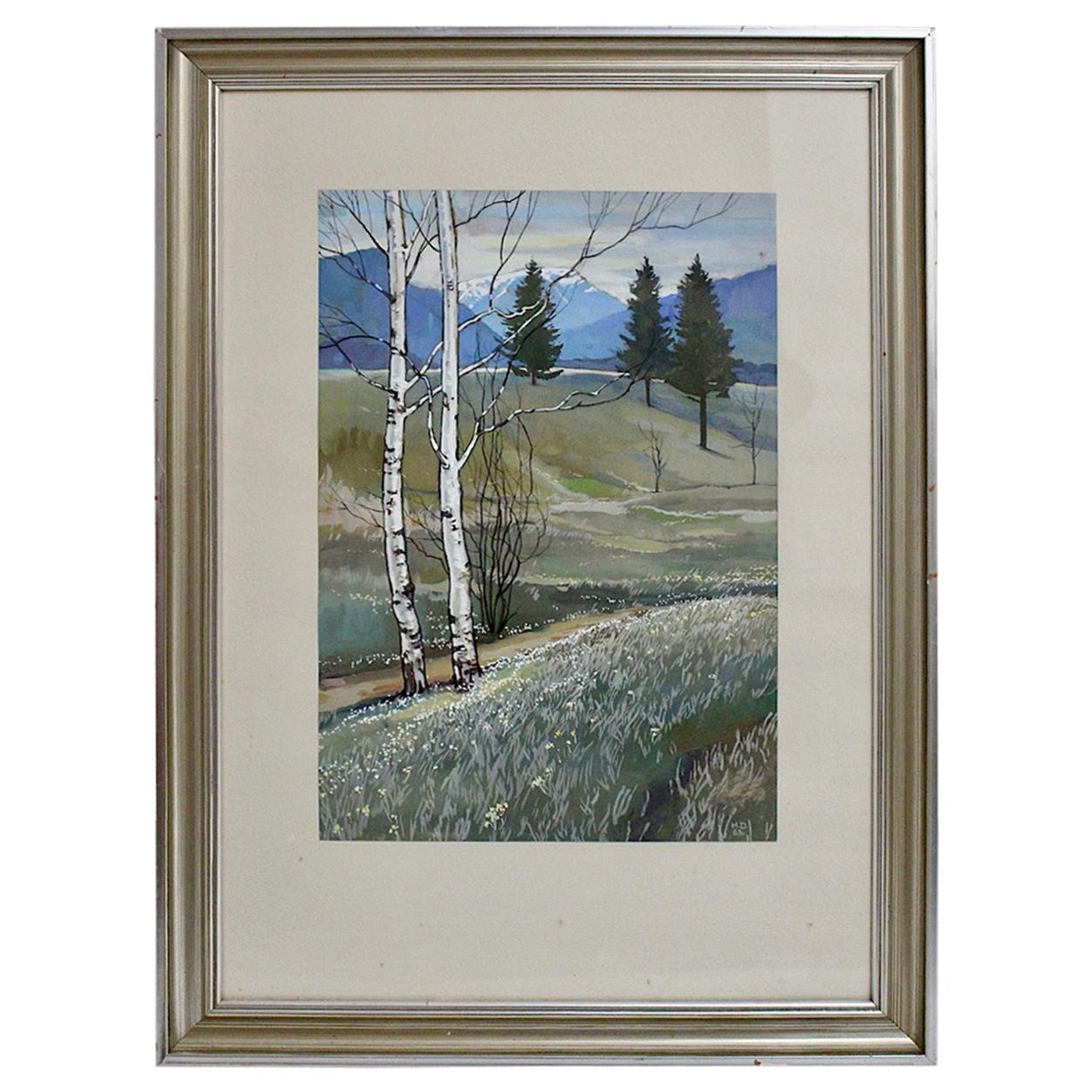 Mid-Century Modern Vintage Landscape Watercolor Painting Max Daettl Vienna, 1963 For Sale
