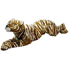 Mid-Century Modern Vintage Large Majolica Porcelain Tiger Sculpture, Italy