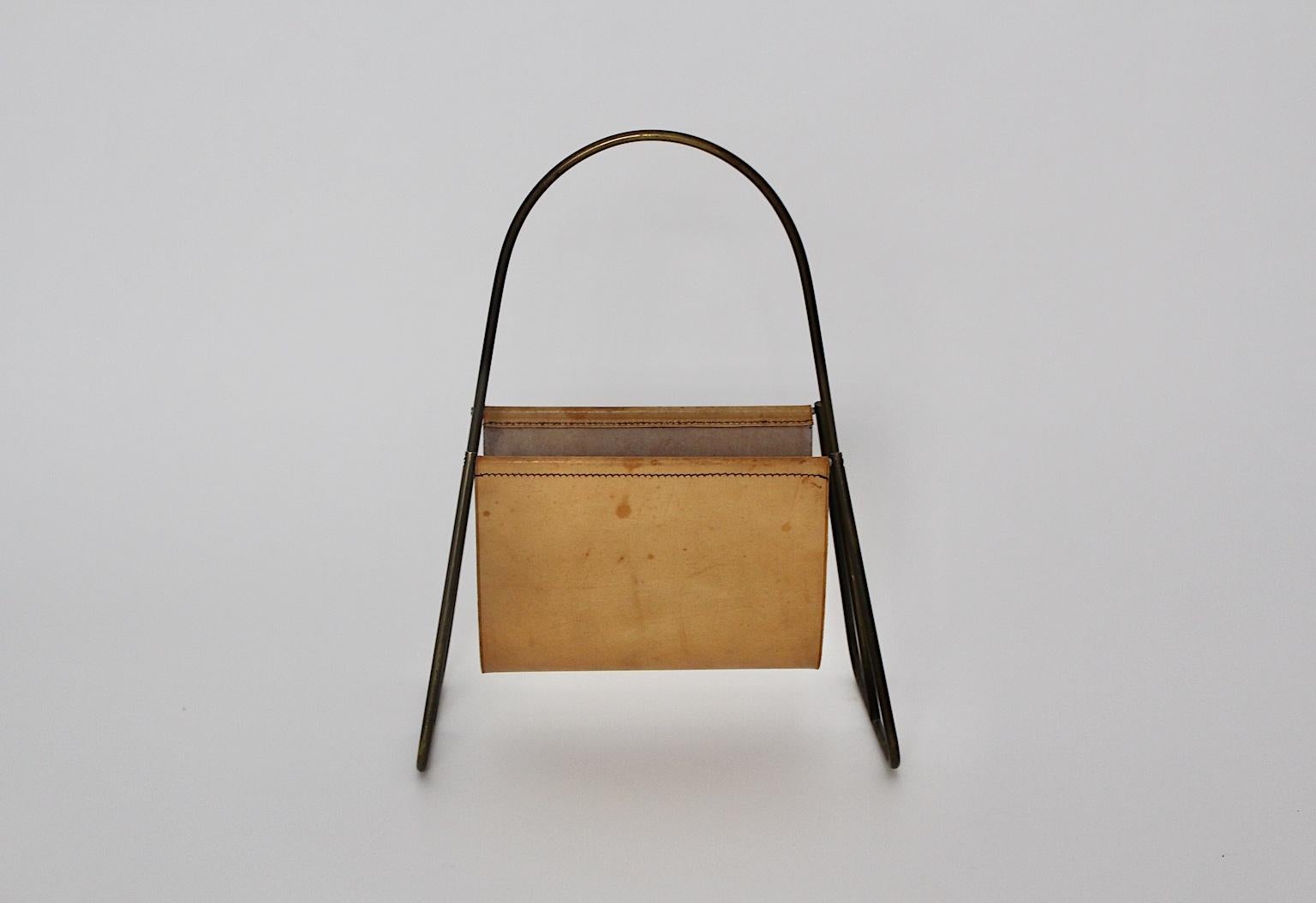 Mid-Century Modern Vintage Leather Brass Magazine Rack Carl Auböck, 1950s Vienna For Sale 5