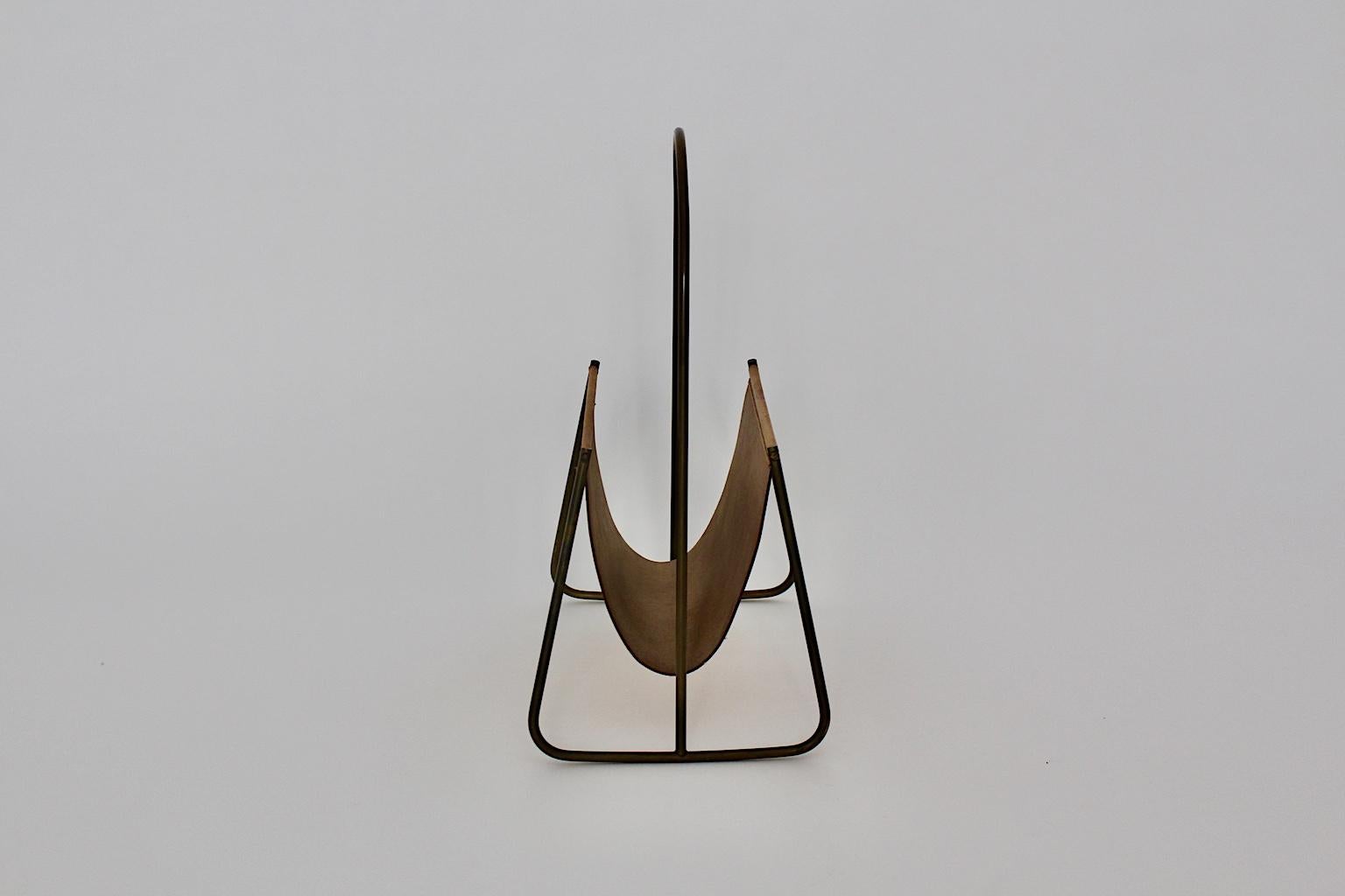 Mid-Century Modern Vintage Leather Brass Magazine Rack Carl Auböck, 1950s Vienna For Sale 8