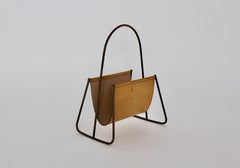 Mid-Century Modern Vintage Leather Brass Magazine Rack Carl Auböck, 1950s Vienna