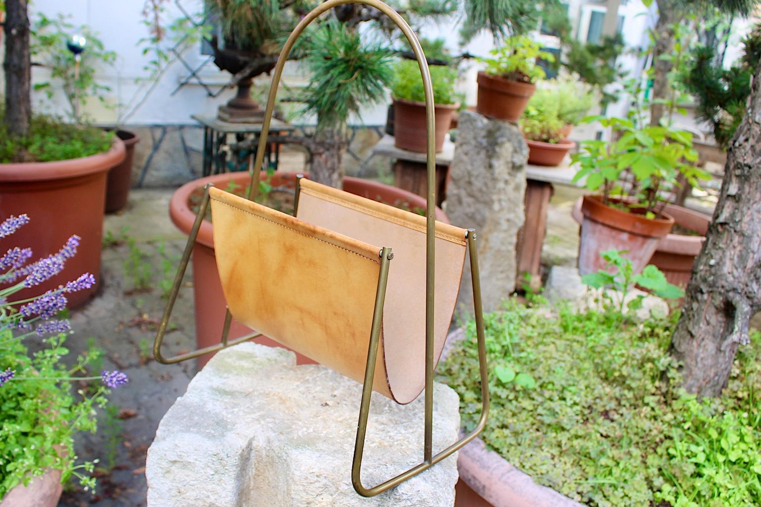 Austrian Mid-Century Modern Vintage Leather Brass Magazine Rack Carl Auböck, 1950s Vienna For Sale