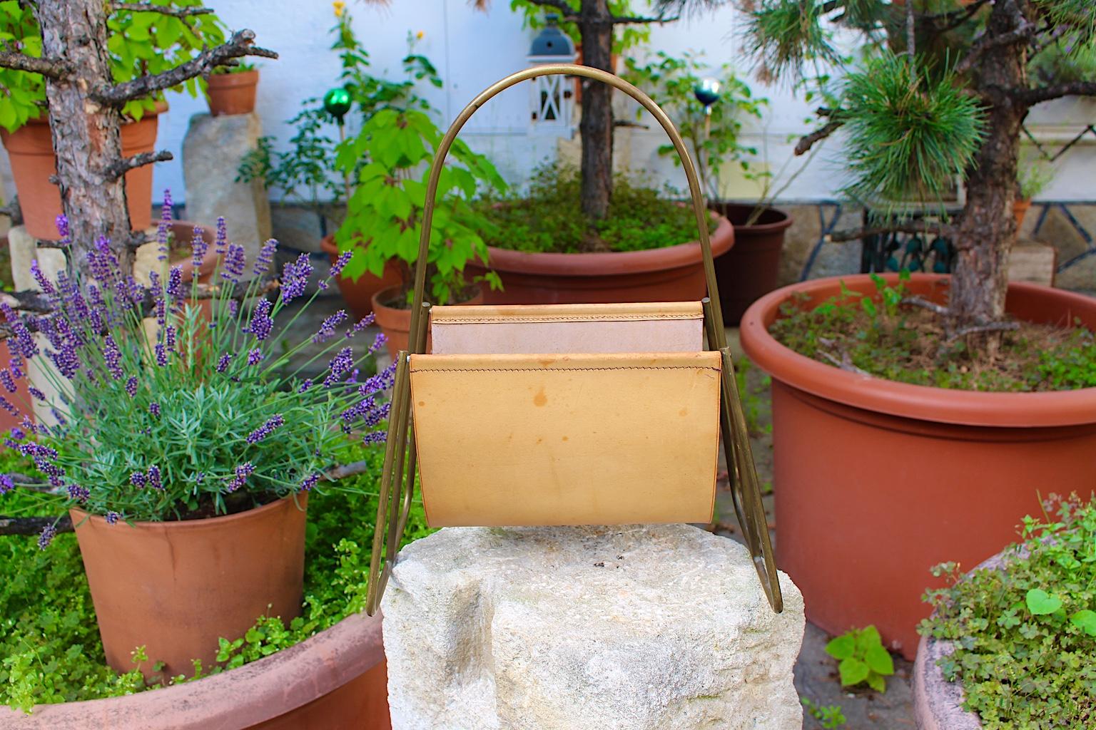 Mid-20th Century Mid-Century Modern Vintage Leather Brass Magazine Rack Carl Auböck, 1950s Vienna For Sale