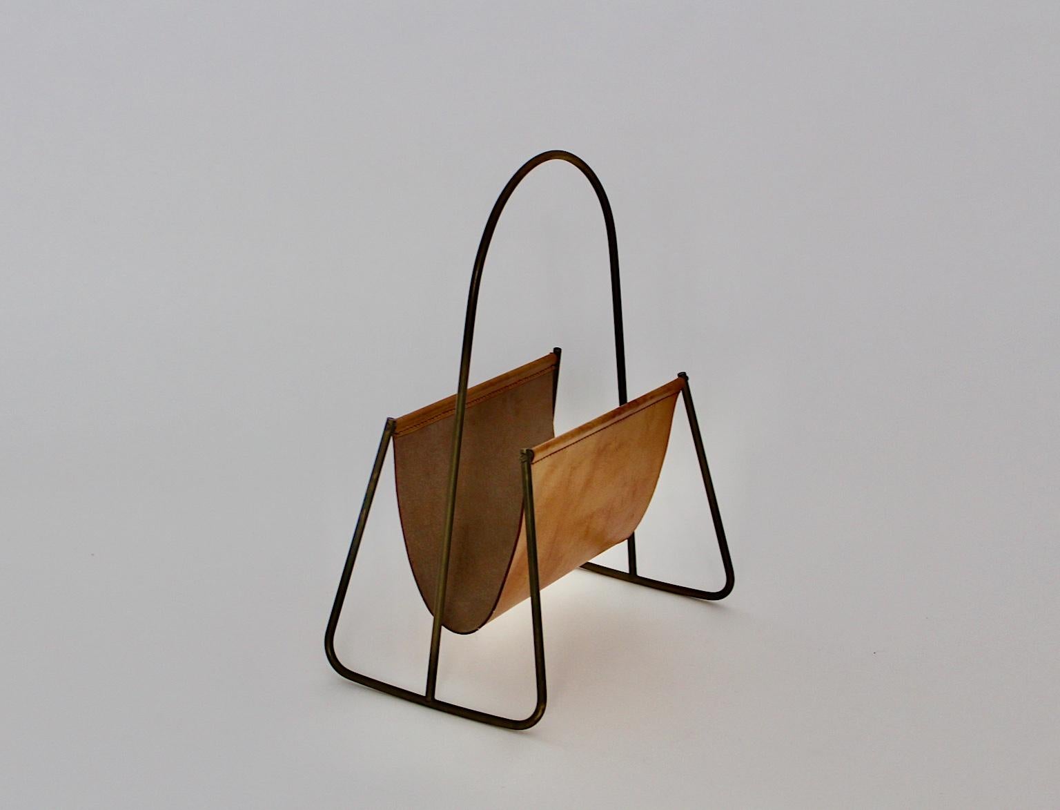 Mid-Century Modern Vintage Leather Brass Magazine Rack Carl Auböck, 1950s Vienna For Sale 1