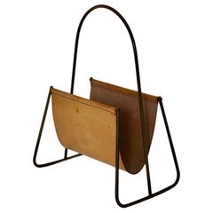 Mid-Century Modern Vintage Leather Brass Magazine Rack Carl Auböck, 1950s Vienna