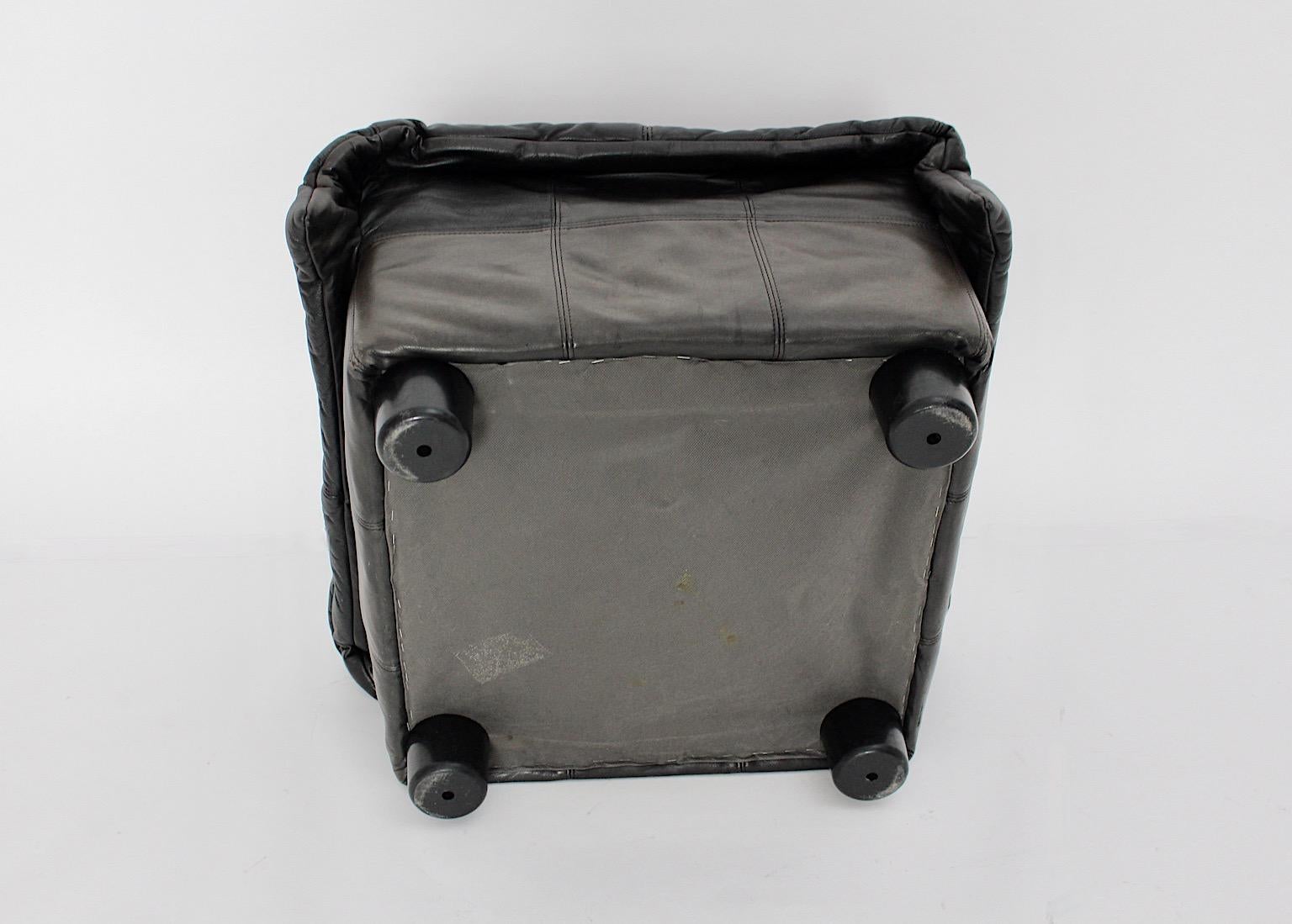 Mid-Century Modern Vintage Leather Brown Grey Black Ottoman Stool 1970s Italy For Sale 8