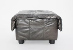 Mid-Century Modern Vintage Leather Brown Grey Black Ottoman Stool 1970s Italy