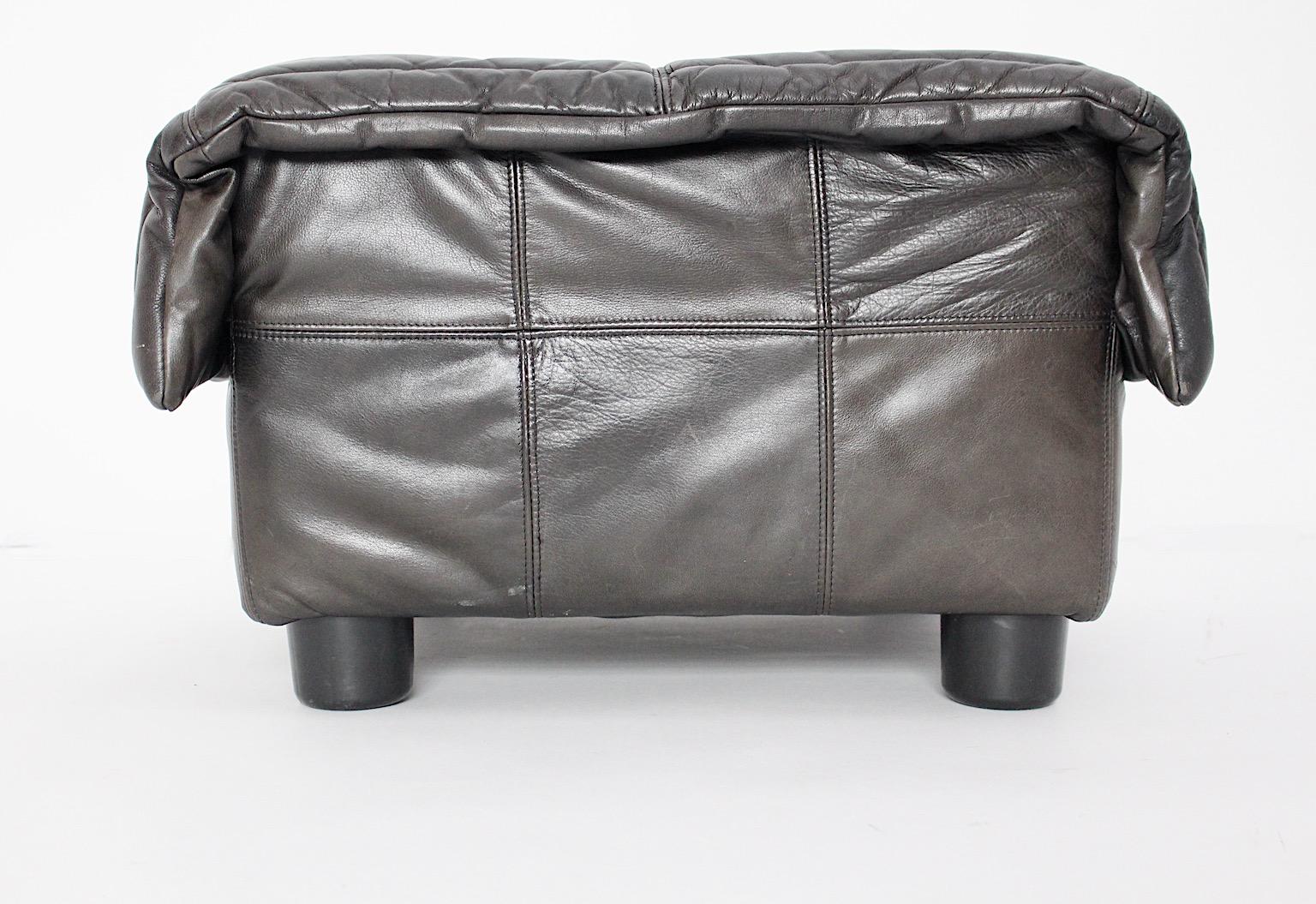 Italian Mid-Century Modern Vintage Leather Brown Grey Black Ottoman Stool 1970s Italy For Sale