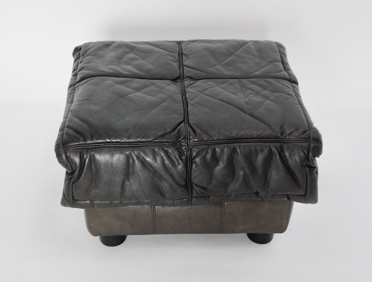 20th Century Mid-Century Modern Vintage Leather Brown Grey Black Ottoman Stool 1970s Italy For Sale