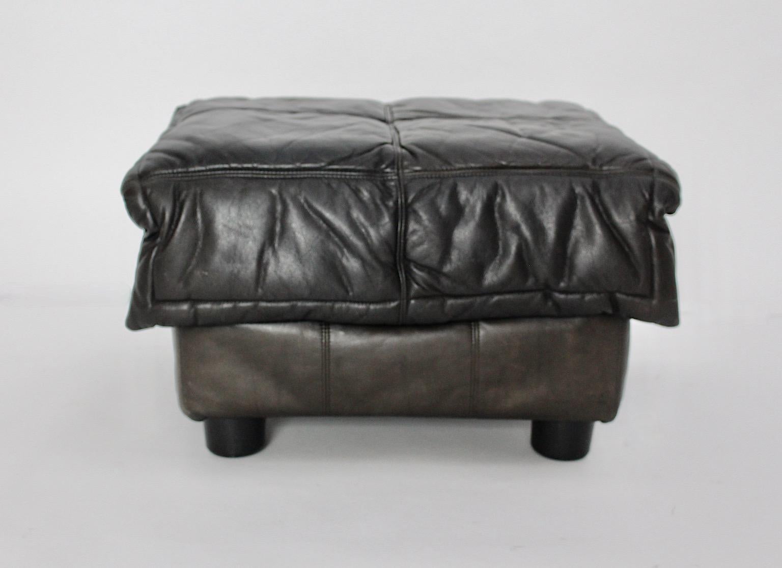 Mid-Century Modern Vintage Leather Brown Grey Black Ottoman Stool 1970s Italy For Sale 1