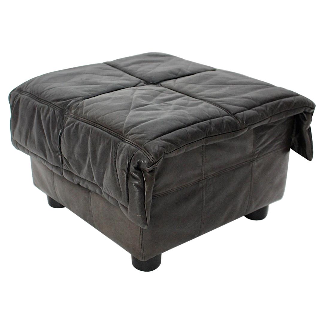 Mid-Century Modern Vintage Leather Brown Grey Black Ottoman Stool 1970s Italy For Sale