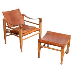 Mid-Century Modern Vintage Leather Safari Chair and Ottoman by Aage Bruun & Son