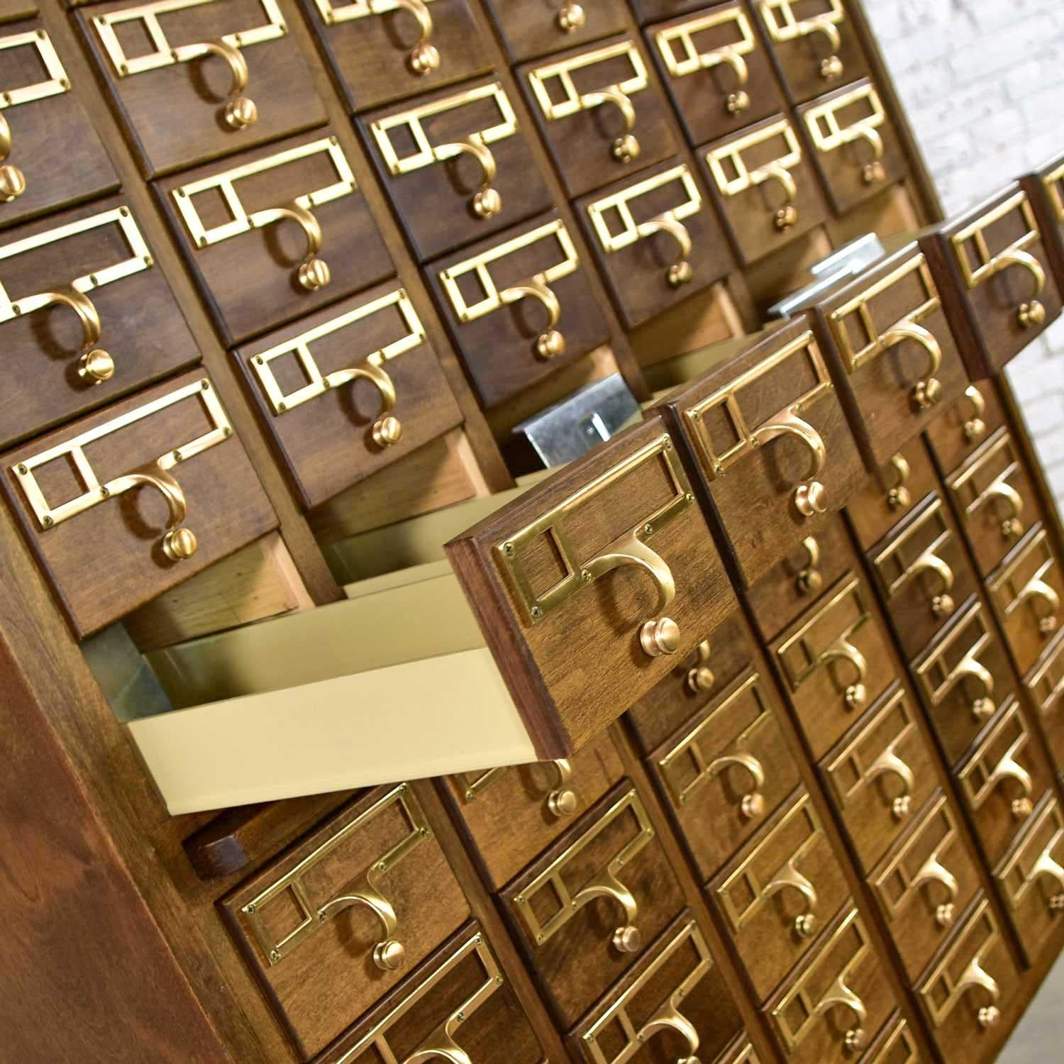 Mid-Century Modern Vintage Library Card Catalog with Cast Bronze Pulls In Good Condition In Topeka, KS