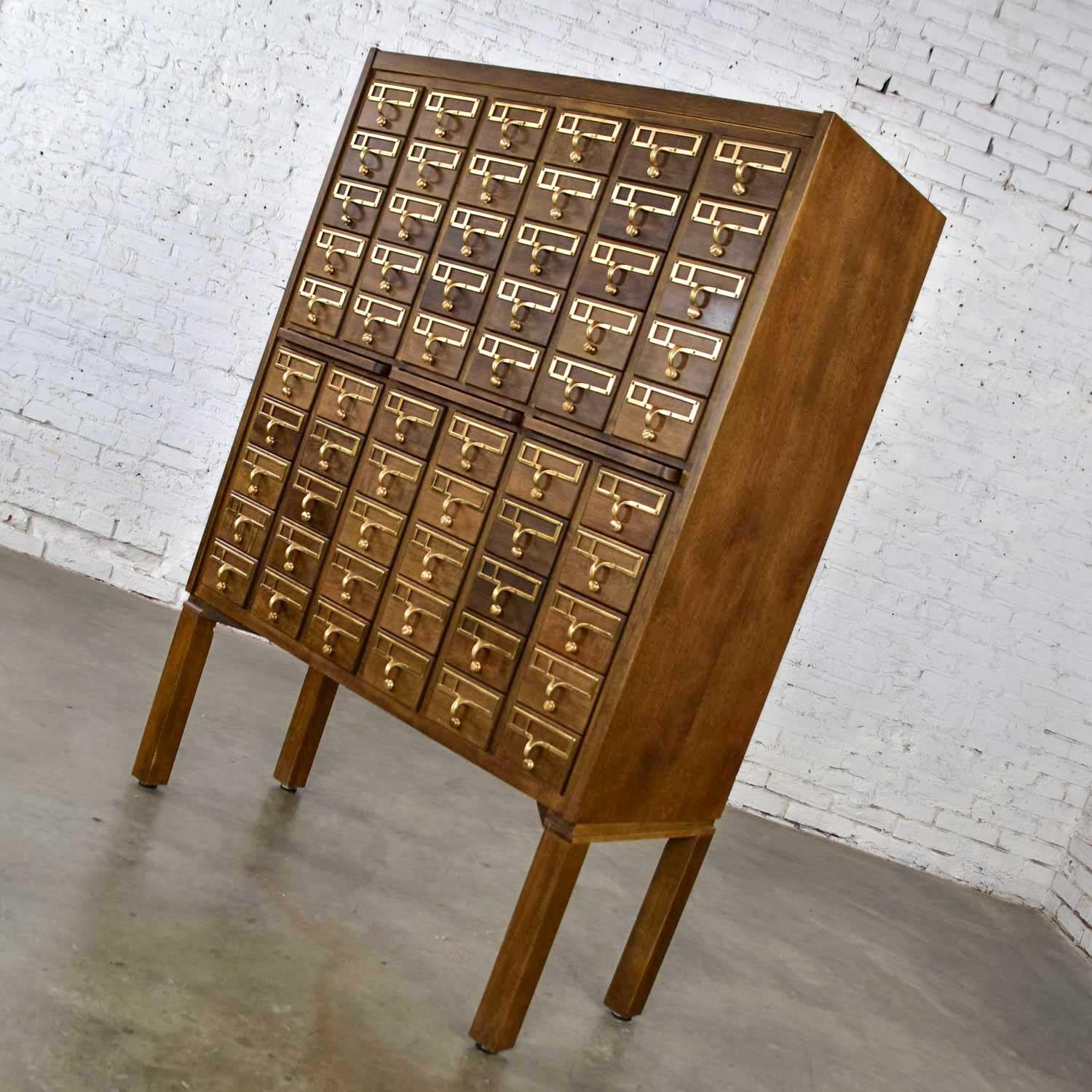 Wood Mid-Century Modern Vintage Library Card Catalog with Cast Bronze Pulls