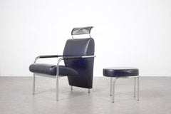 Vintage Italian Mid-Century Leather Blue Lounge Chair & Ottoman by Andrea Branzi